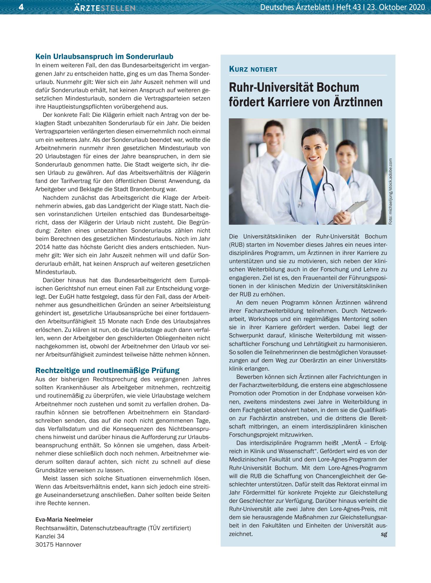 Vorschauseite 1: Ruhr-Universität Bochum fördert Karriere von Ärztinnen – Deutsches Ärzteblatt