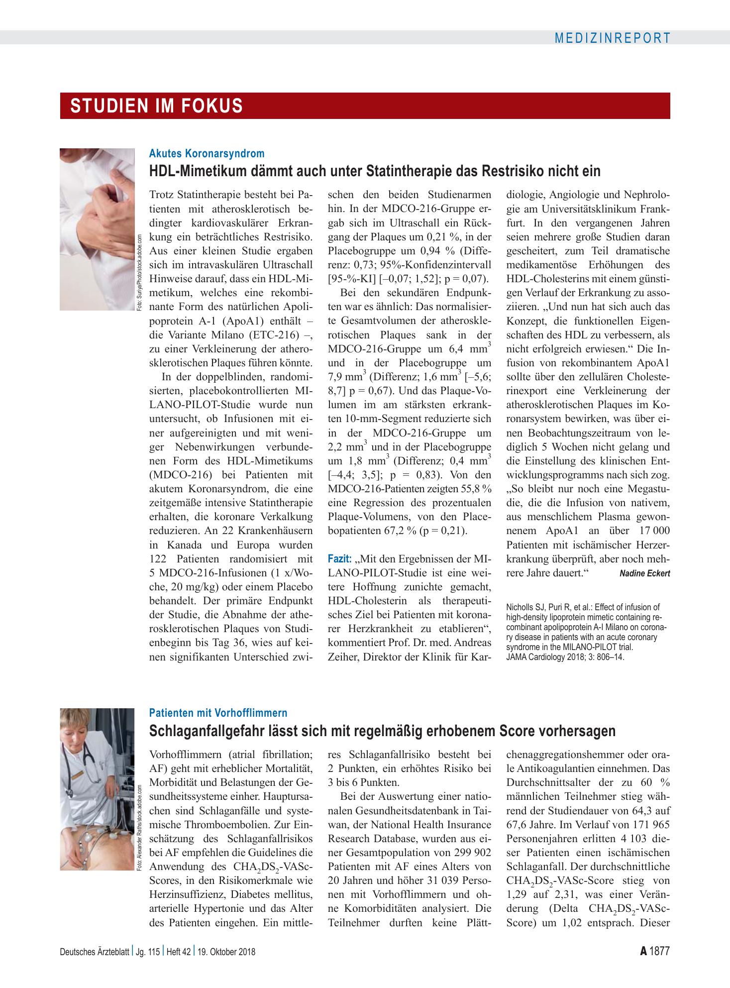 Vorschauseite 1: Patienten mit Vorhofflimmern: Schlaganfallgefahr lässt sich mit regelmäßig erhobenem Score vorhersagen – Deutsches Ärzteblatt