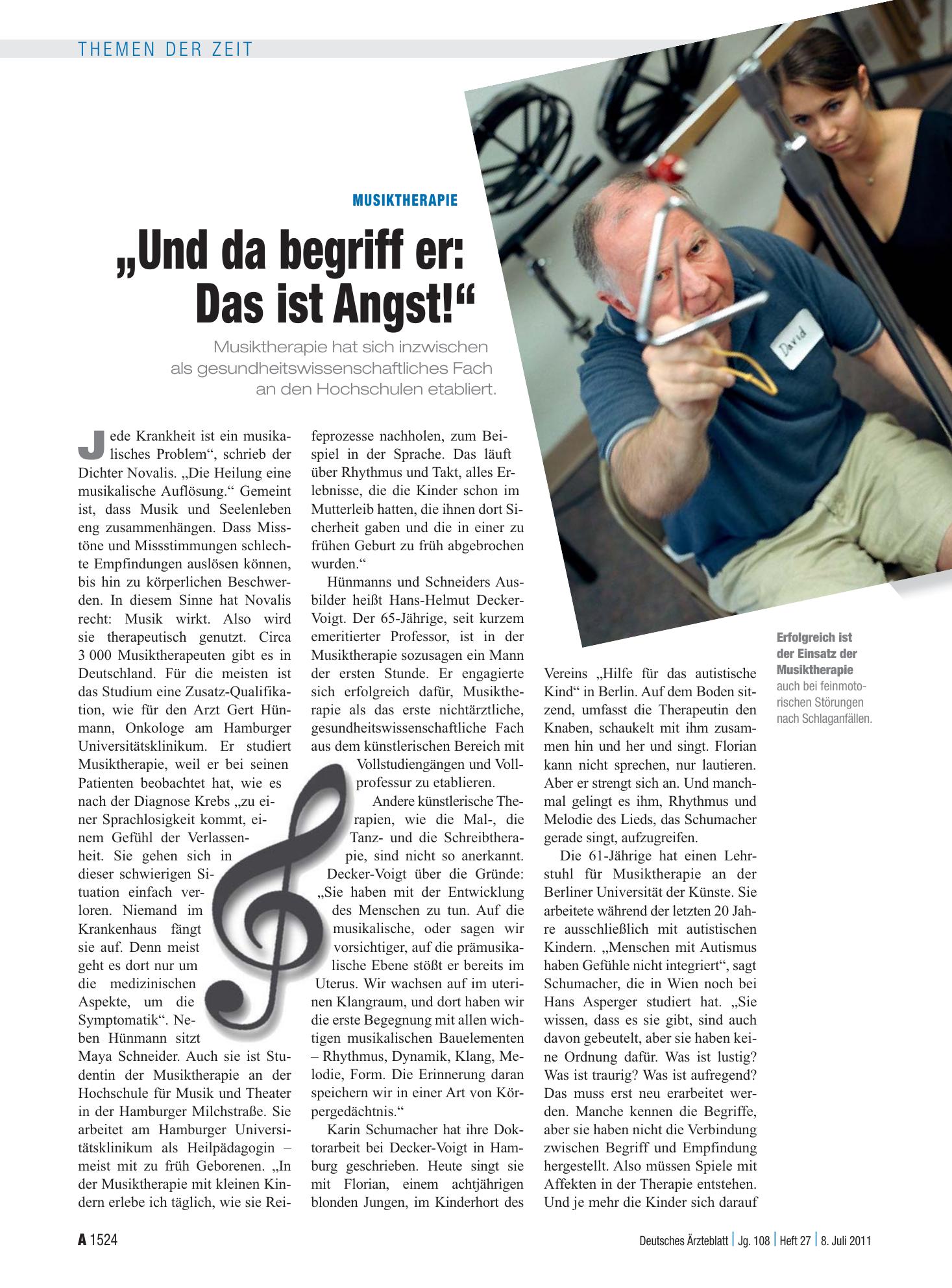 Vorschauseite 1: Musiktherapie: „Und da begriff er: Das ist Angst!“ – Deutsches Ärzteblatt