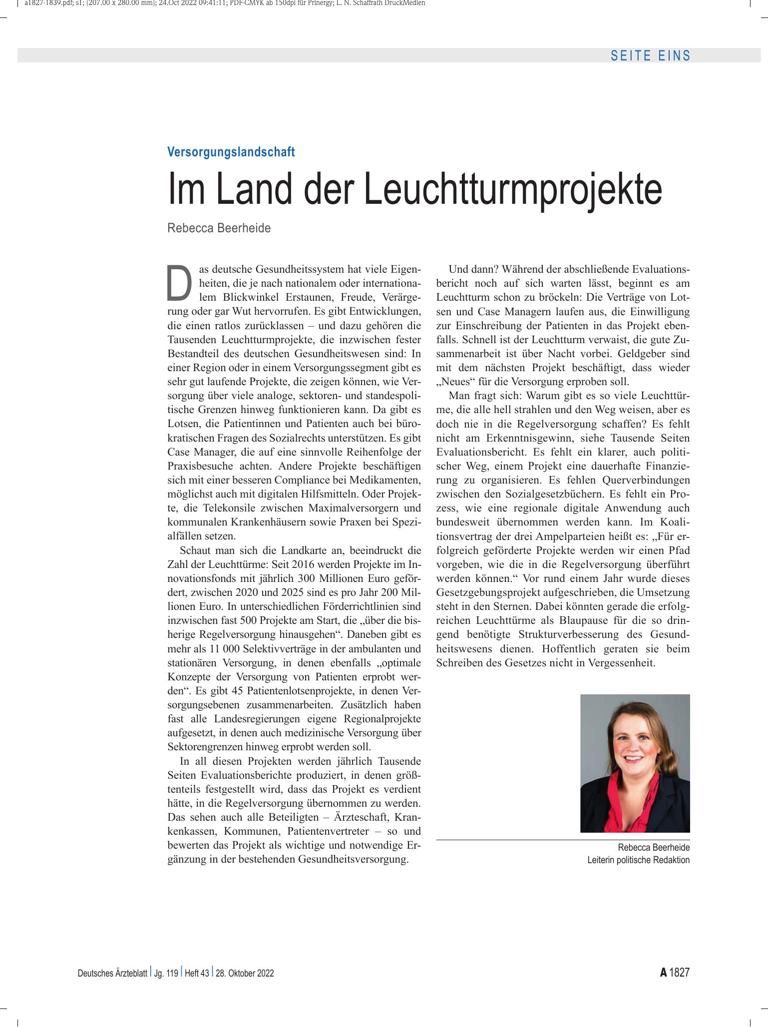 Vorschauseite 1: Versorgungslandschaft: Im Land der Leuchtturmprojekte – Deutsches Ärzteblatt