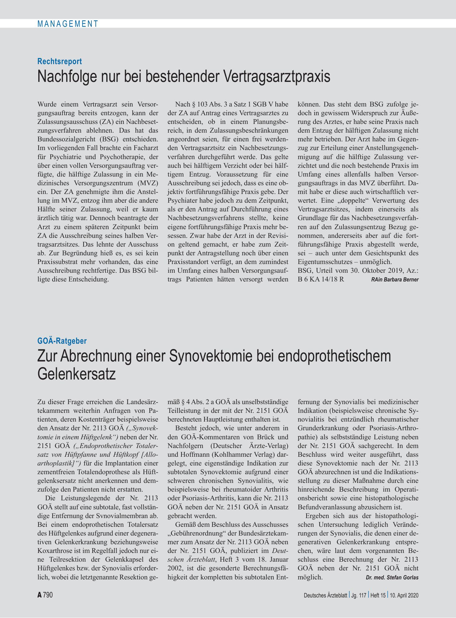 Vorschauseite 1: GOÄ-Ratgeber: Zur Abrechnung einer Synovektomie bei endoprothetischem Gelenkersatz – Deutsches Ärzteblatt