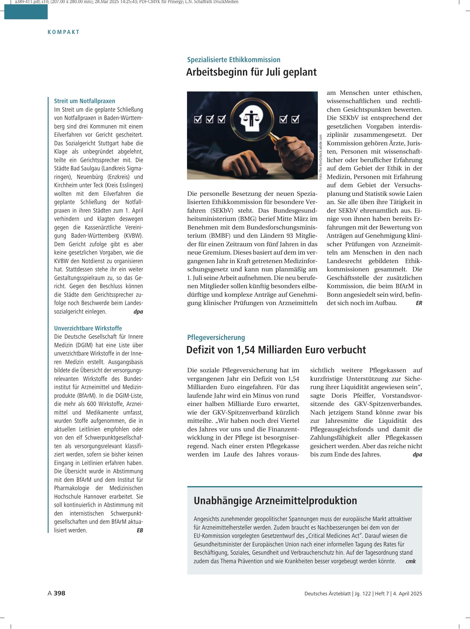 Vorschauseite 1: Streit um Notfallpraxen / Unverzichtbare Wirkstoffe – Deutsches Ärzteblatt