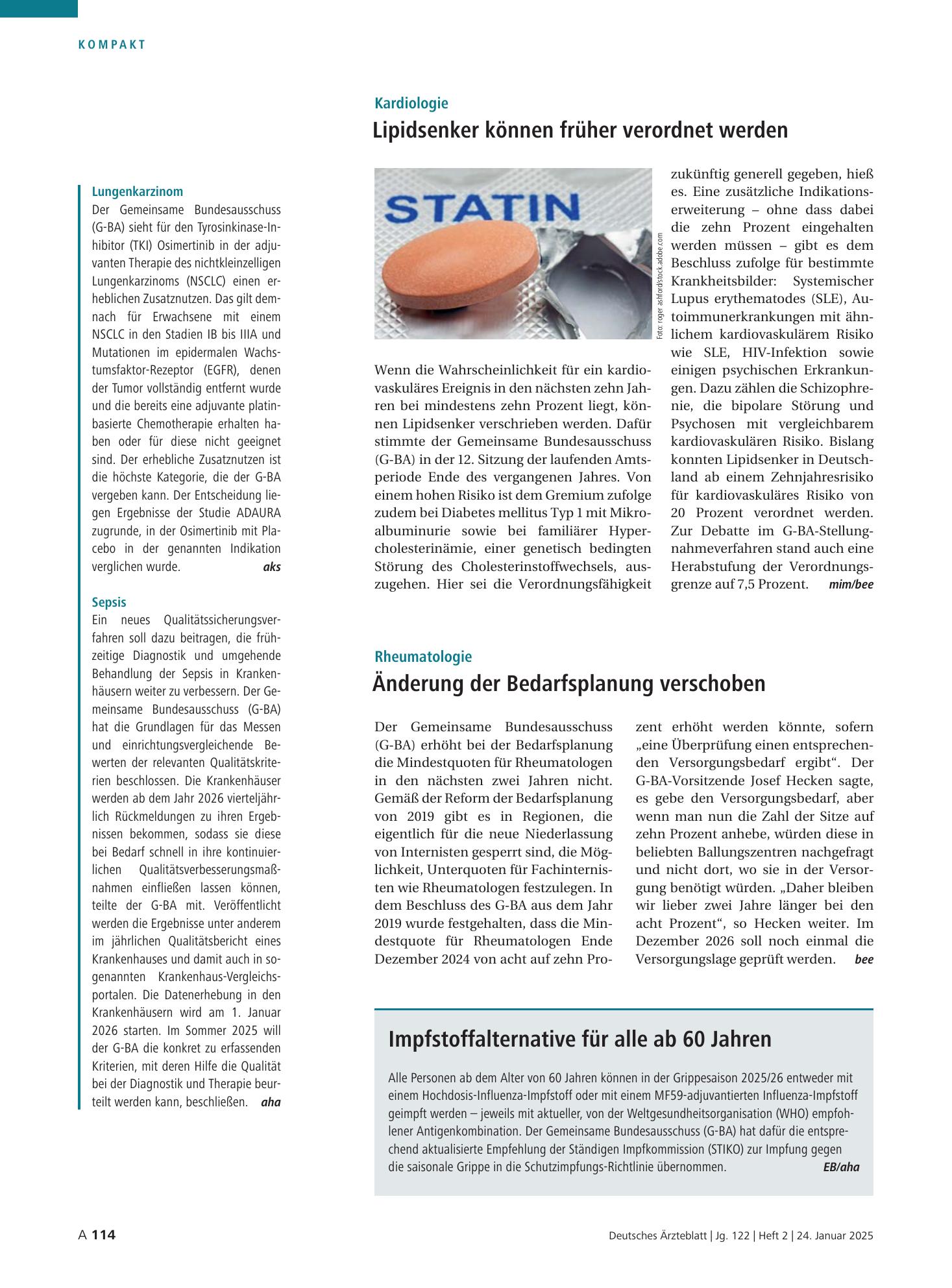 Vorschauseite 1: Lungenkarzinom / Sepsis – Deutsches Ärzteblatt