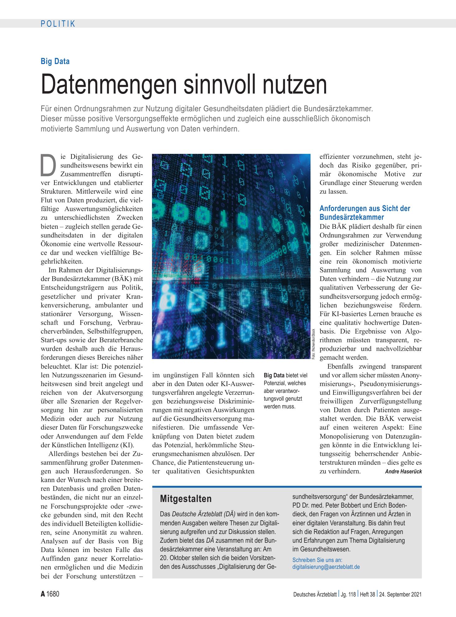 Vorschauseite 1: Big Data: Datenmengen sinnvoll nutzen – Deutsches Ärzteblatt