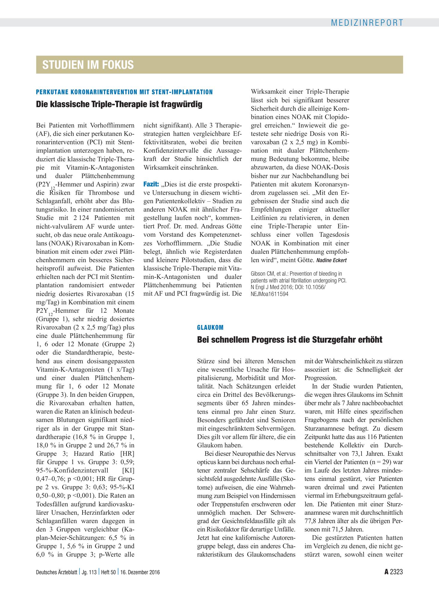 Vorschauseite 1: Perkutane Koronarintervention mit Stent-Implantation: Die klassische Triple-Therapie ist fragwürdig – Deutsches Ärzteblatt
