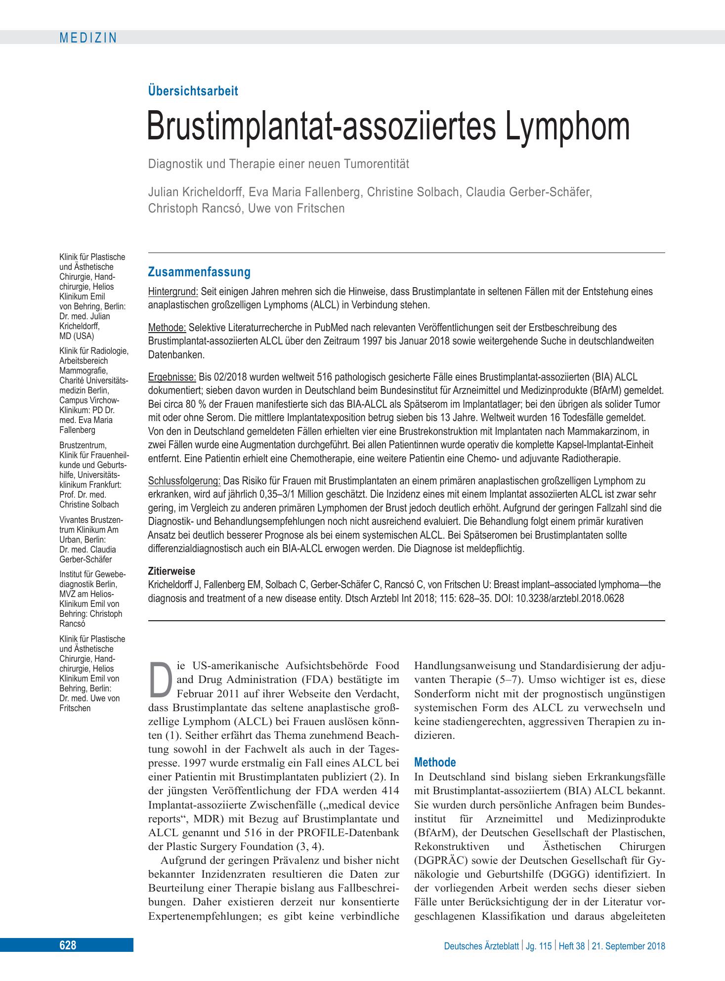 Vorschauseite 1: Brustimplantat-assoziiertes Lymphom – Deutsches Ärzteblatt