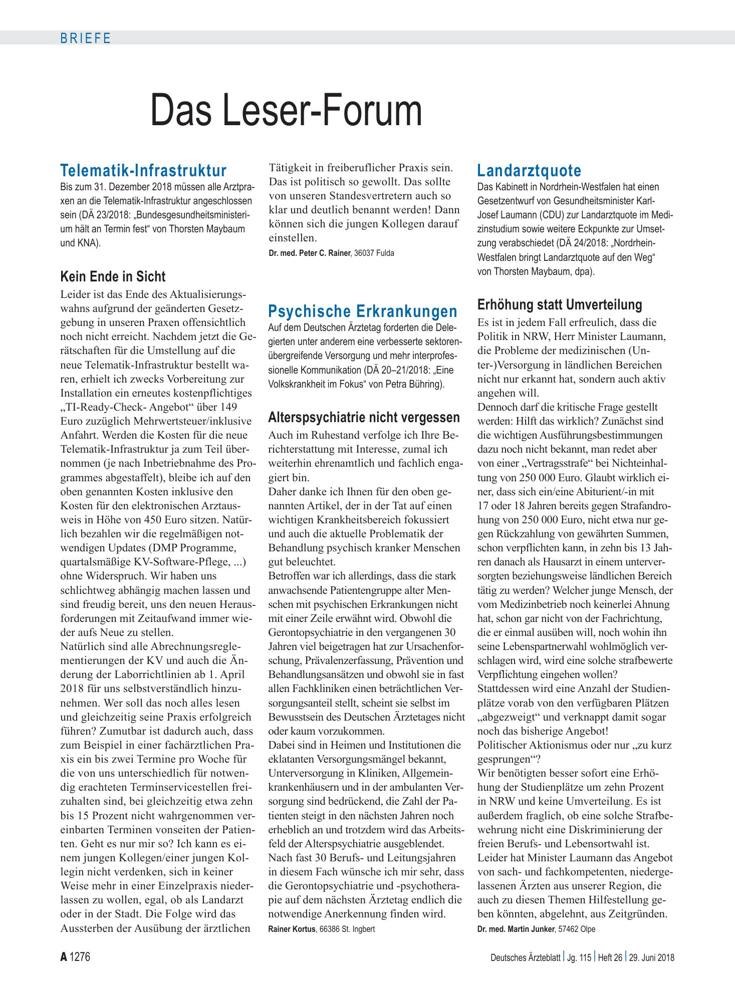Vorschauseite 1: Landarztquote: Erhöhung statt Umverteilung – Deutsches Ärzteblatt