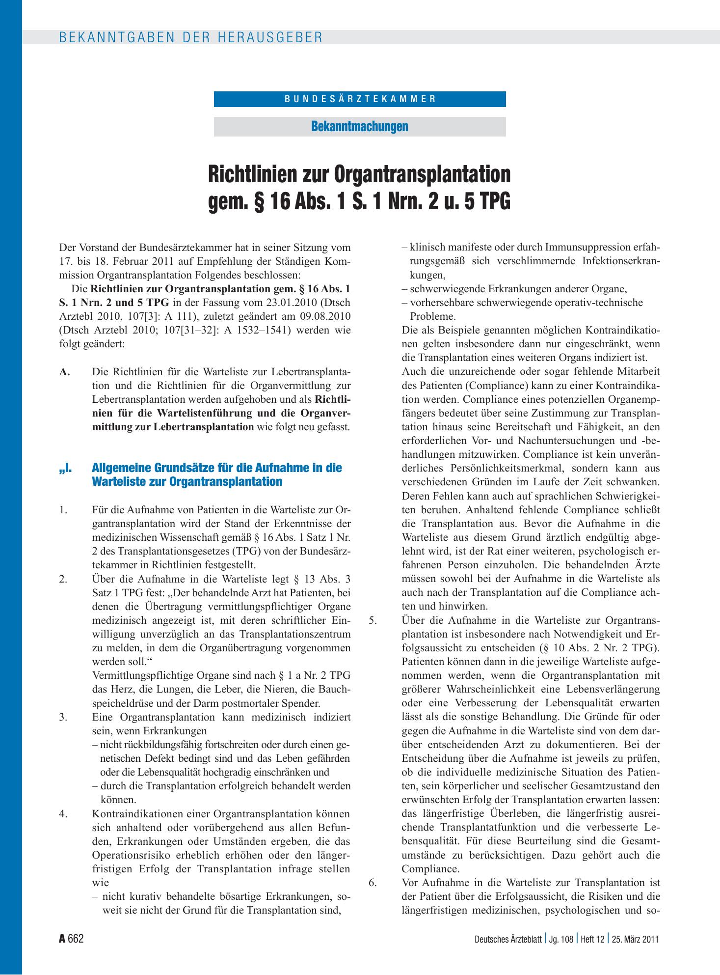 Vorschauseite 1: Richtlinien zur Organtransplantation gem. § 16 Abs. 1 S. 1 Nrn. 2 u. 5 TPG – Deutsches Ärzteblatt