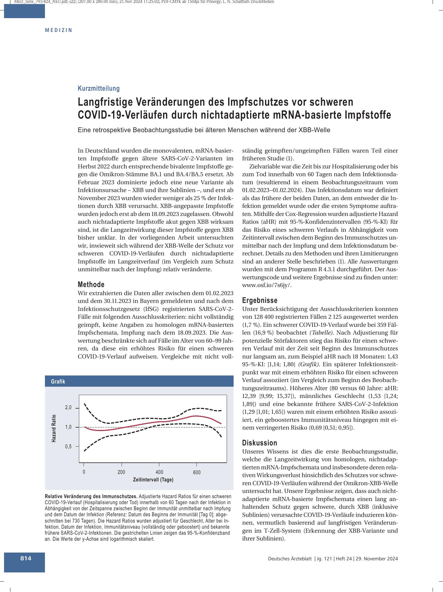 Vorschauseite 1: Langfristige Veränderungen des Impfschutzes vor schweren COVID-19-Verläufen durch nichtadaptierte mRNA-basierte Impfstoffe – Deutsches Ärzteblatt