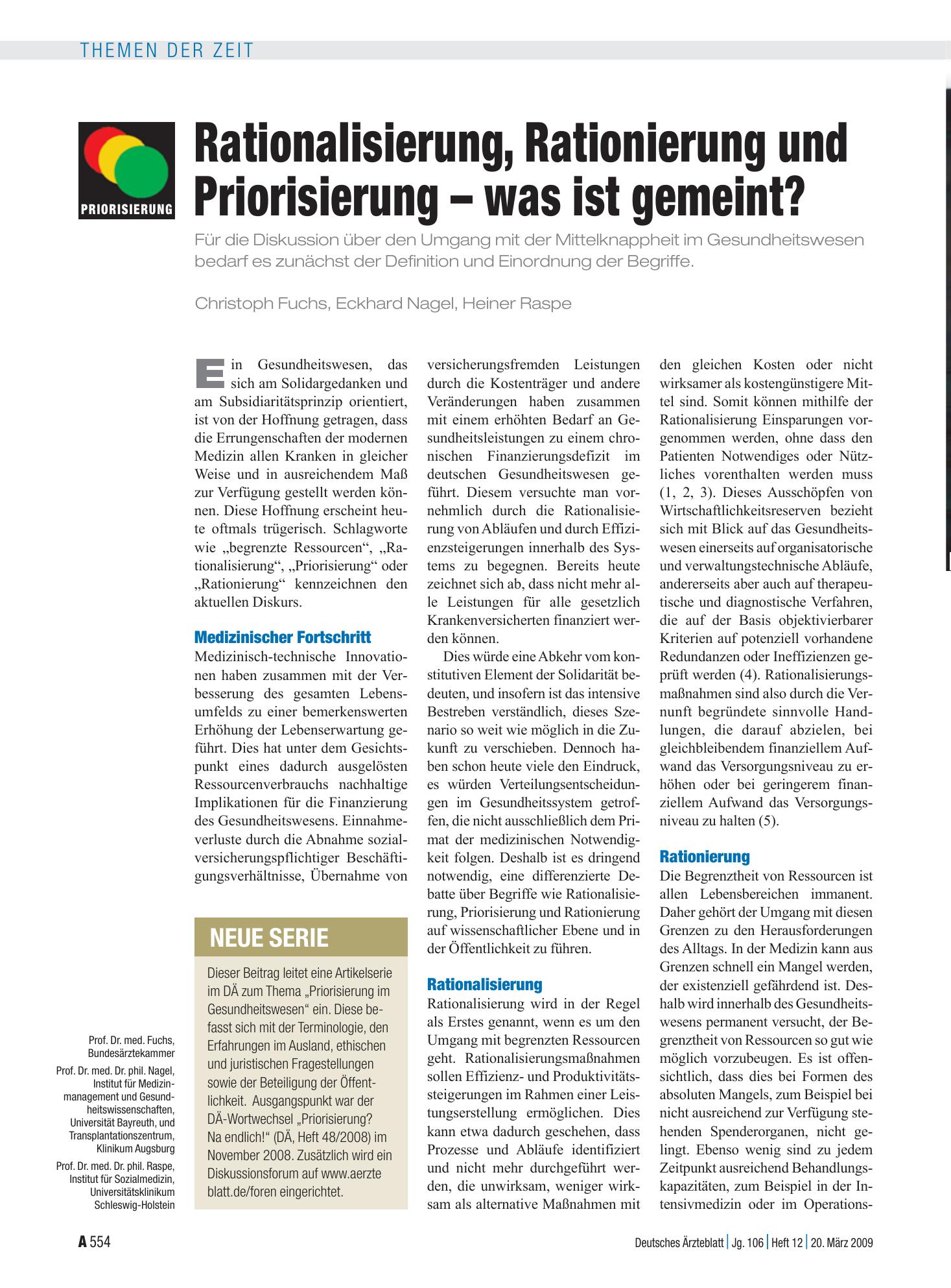 Vorschauseite 1: Rationalisierung, Rationierung und Priorisierung – was ist gemeint? – Deutsches Ärzteblatt