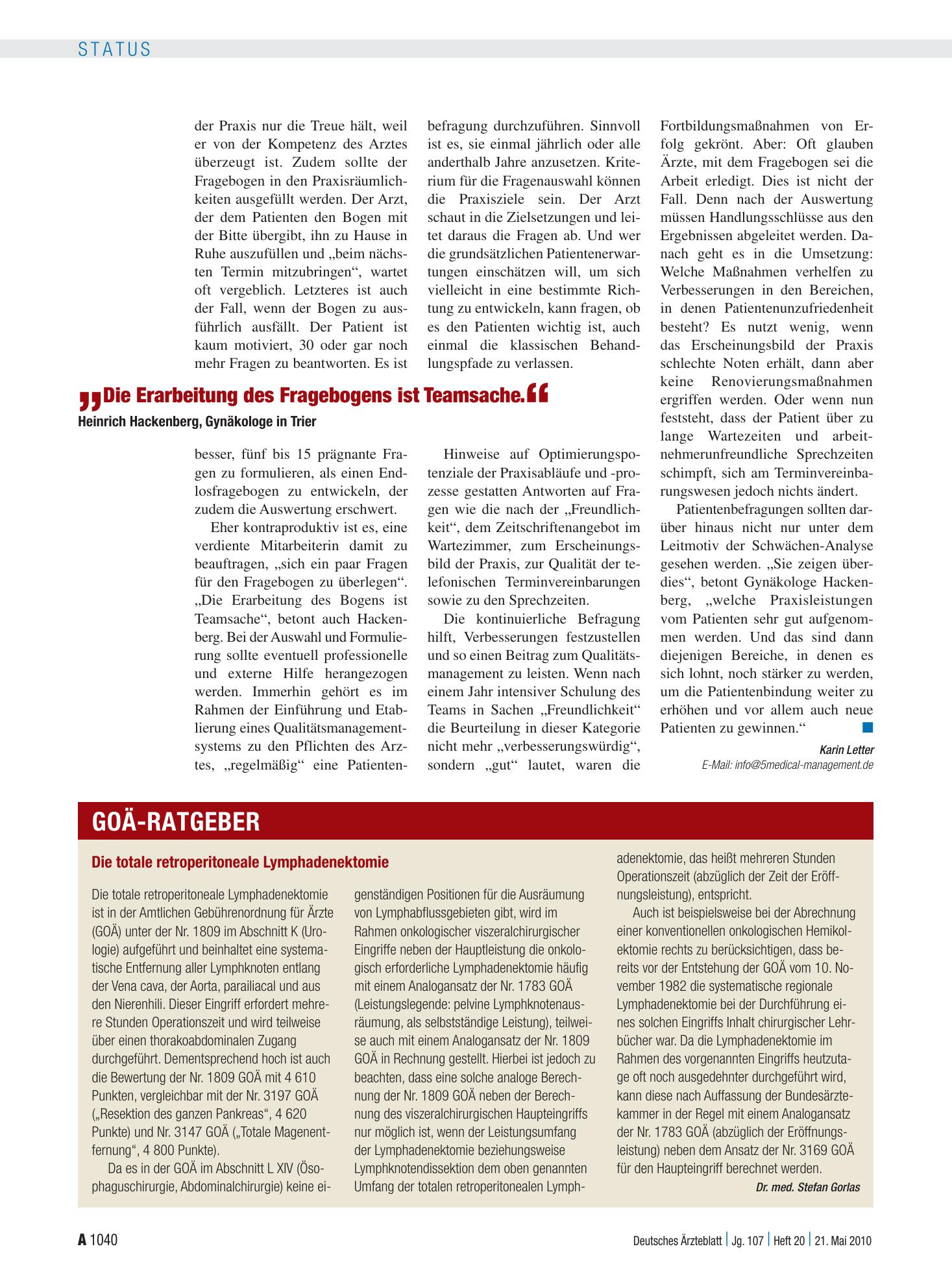Vorschauseite 1: Die totale retroperitoneale Lymphadenektomie – Deutsches Ärzteblatt
