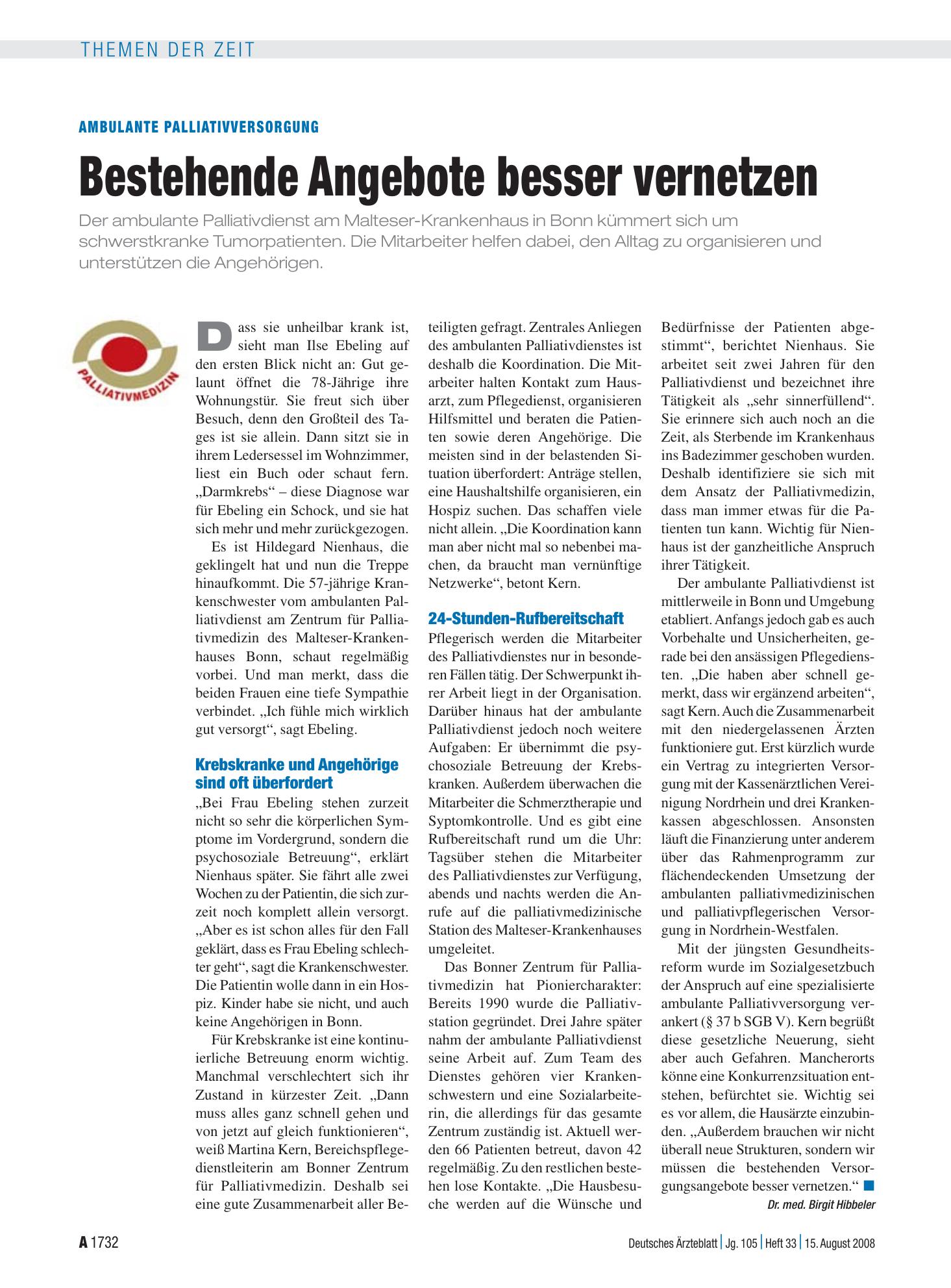 Vorschauseite 1: Ambulante Palliativversorgung: Bestehende Angebote besser vernetzen – Deutsches Ärzteblatt