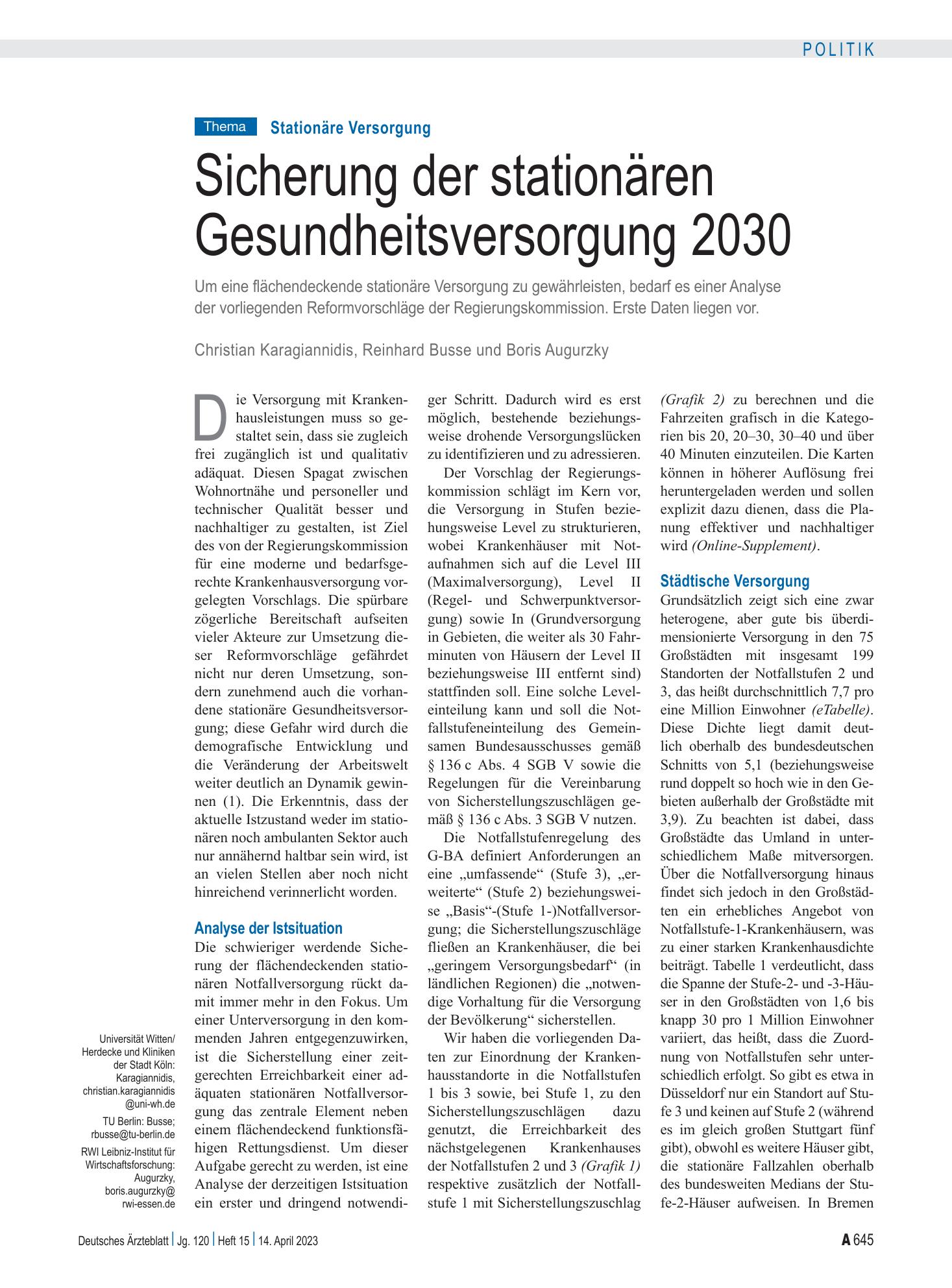 Vorschauseite 1: Stationäre Versorgung: Sicherung der stationären Gesundheitsversorgung 2030 – Deutsches Ärzteblatt