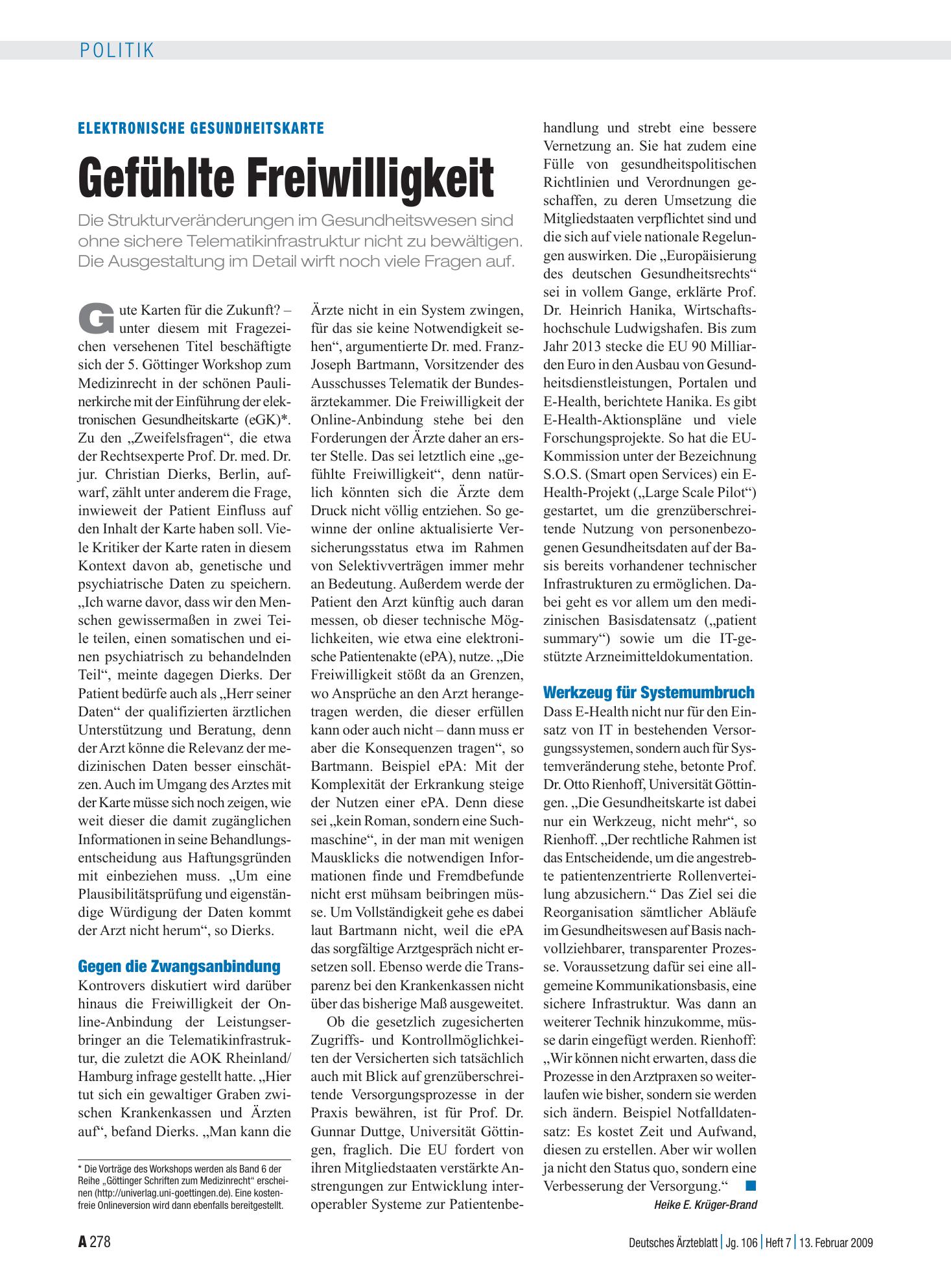 Vorschauseite 1: Elektronische Gesundheitskarte: Gefühlte Freiwilligkeit – Deutsches Ärzteblatt