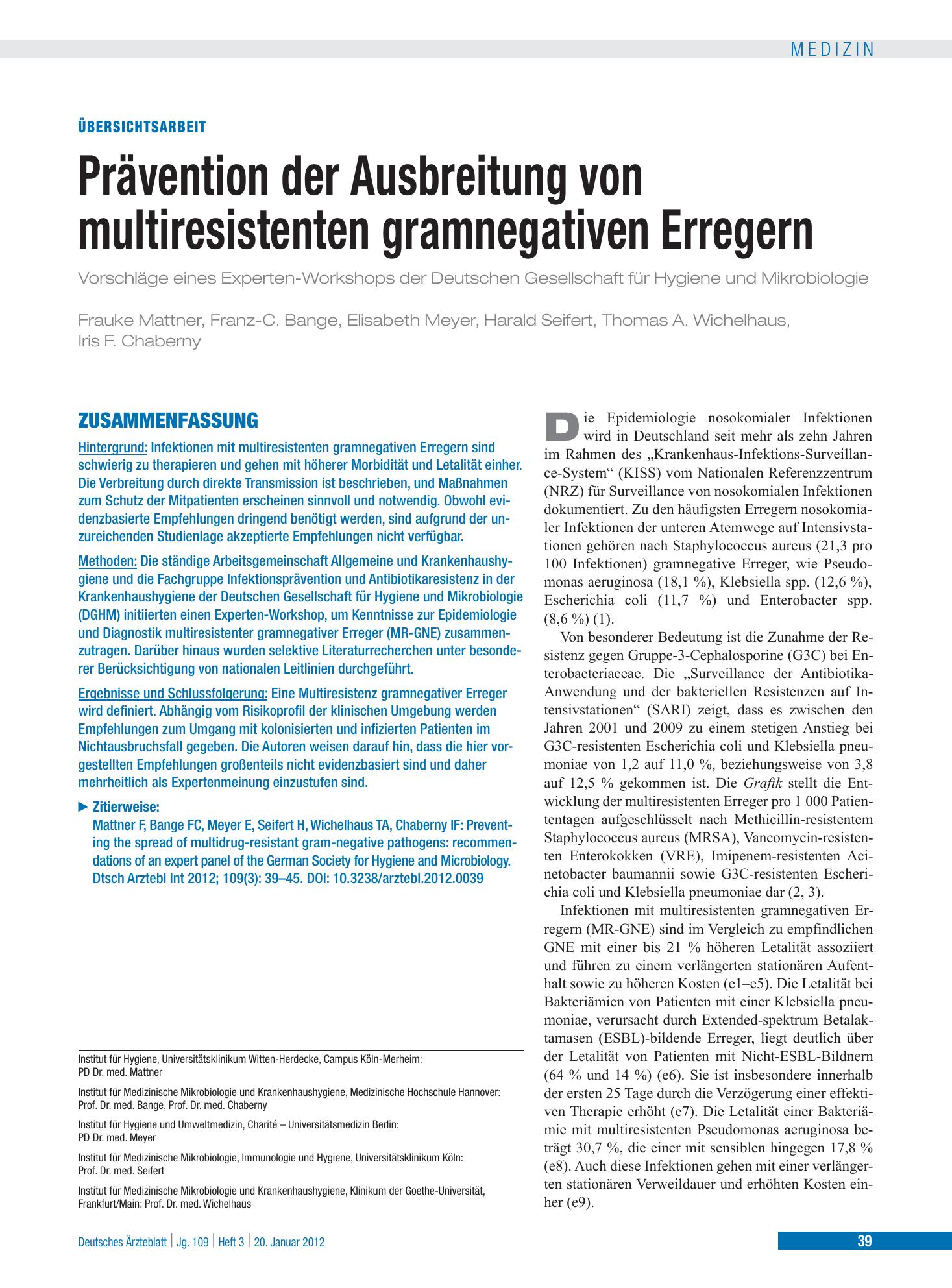 Vorschauseite 1: Prävention der Ausbreitung von multiresistenten gramnegativen Erregern – Deutsches Ärzteblatt