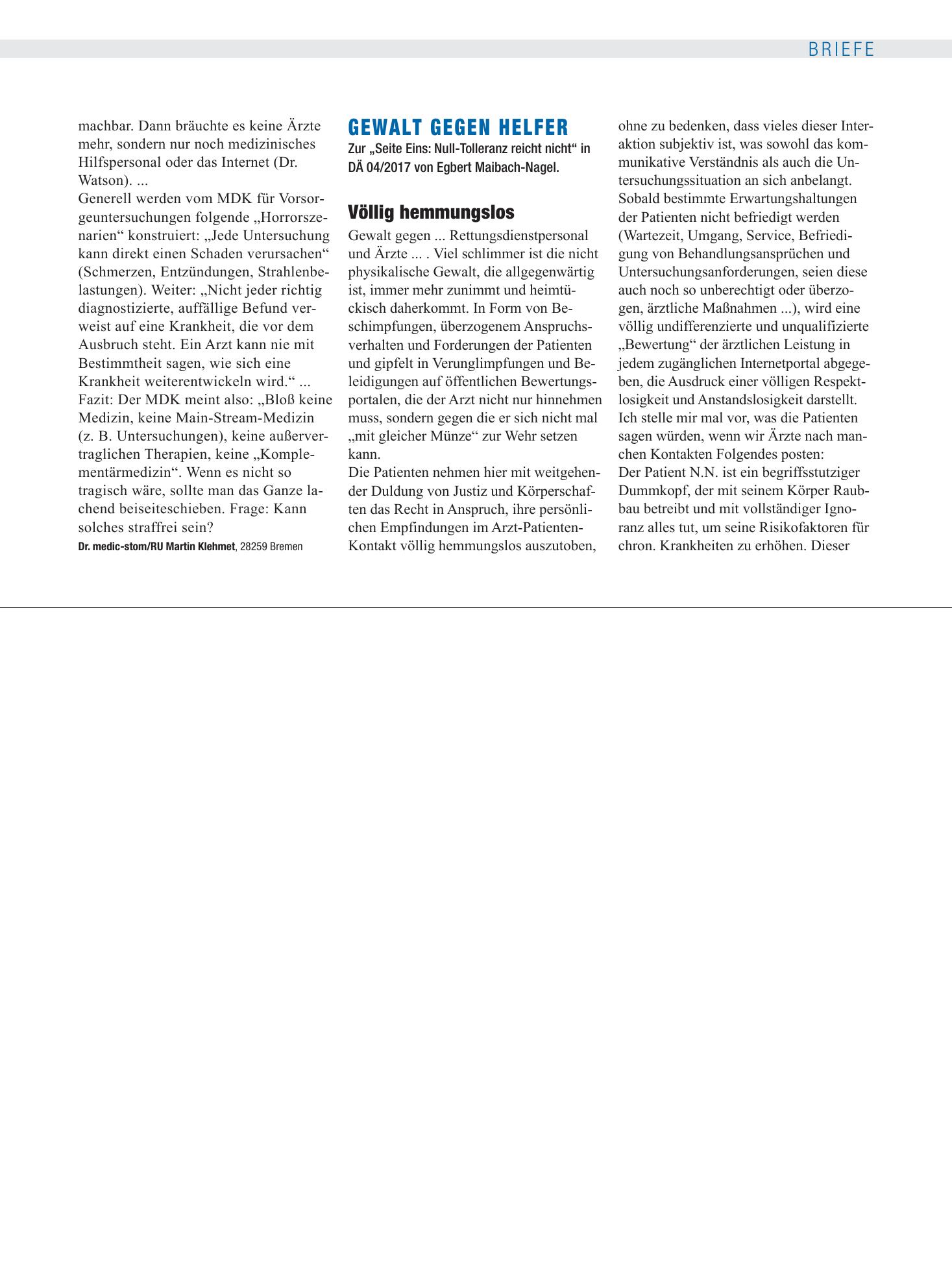Vorschauseite 1: Gewalt gegen Helfer: Völlig hemmungslos – Deutsches Ärzteblatt