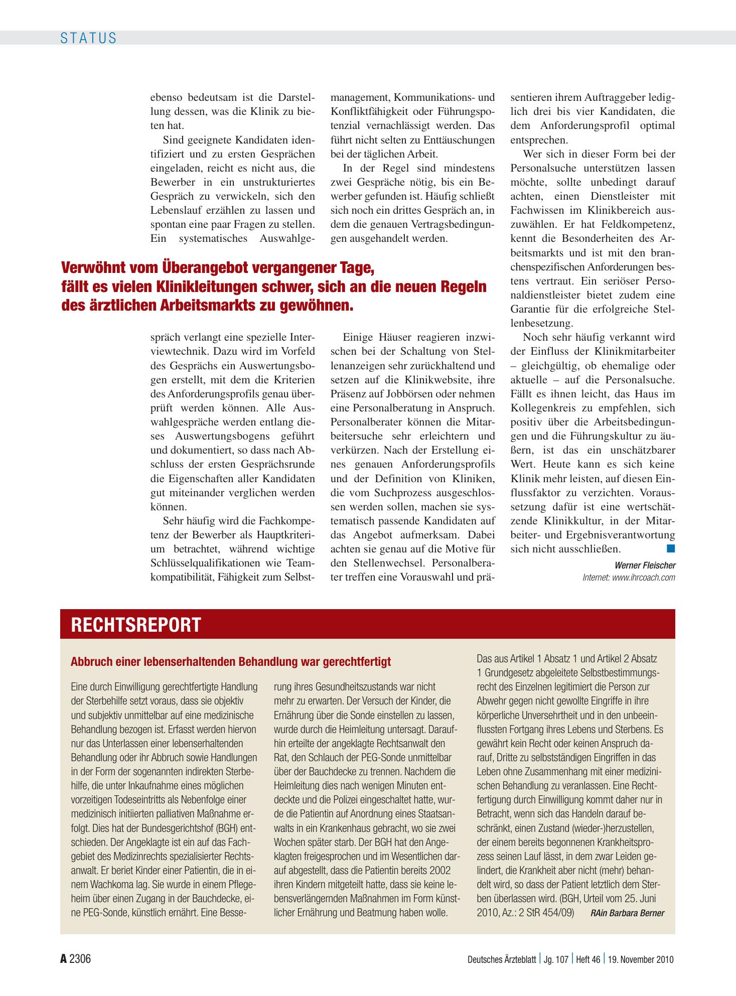 Vorschauseite 1: Abbruch einer lebenserhaltenden Behandlung war gerechtfertigt – Deutsches Ärzteblatt
