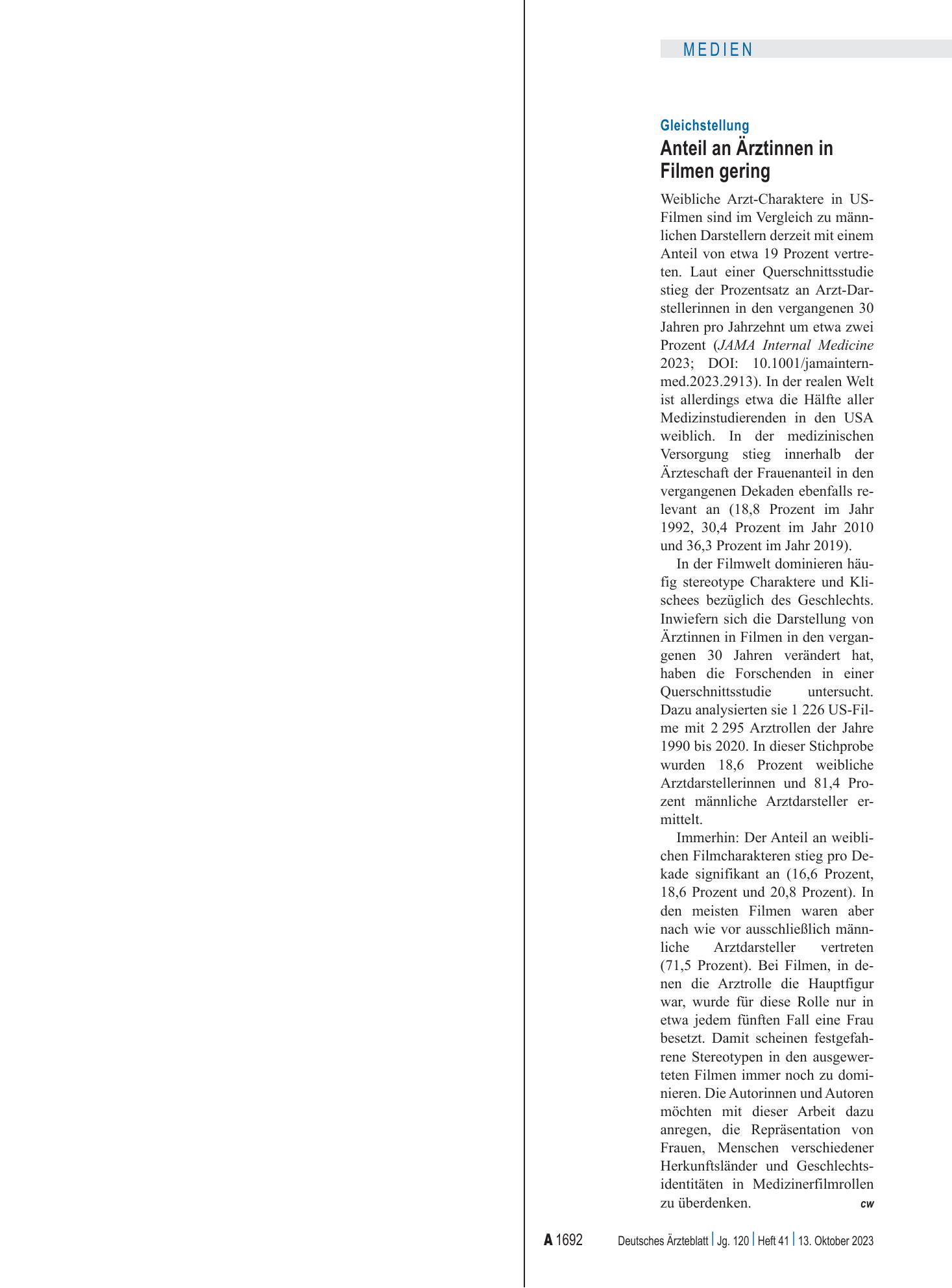 Vorschauseite 1: Gleichstellung: Anteil an Ärztinnen in Filmen gering – Deutsches Ärzteblatt