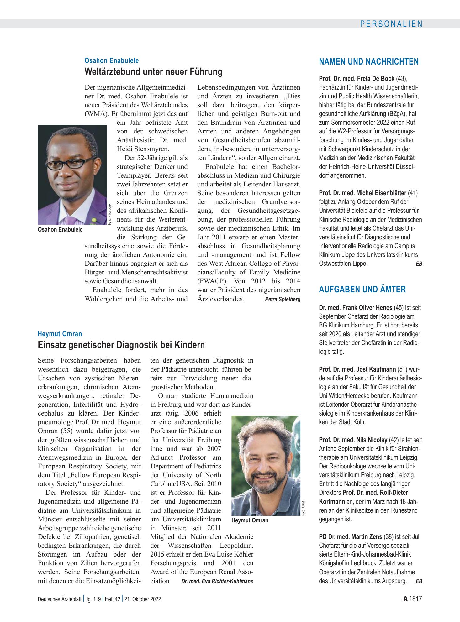 Vorschauseite 1: Aufgaben und Ämter – Deutsches Ärzteblatt