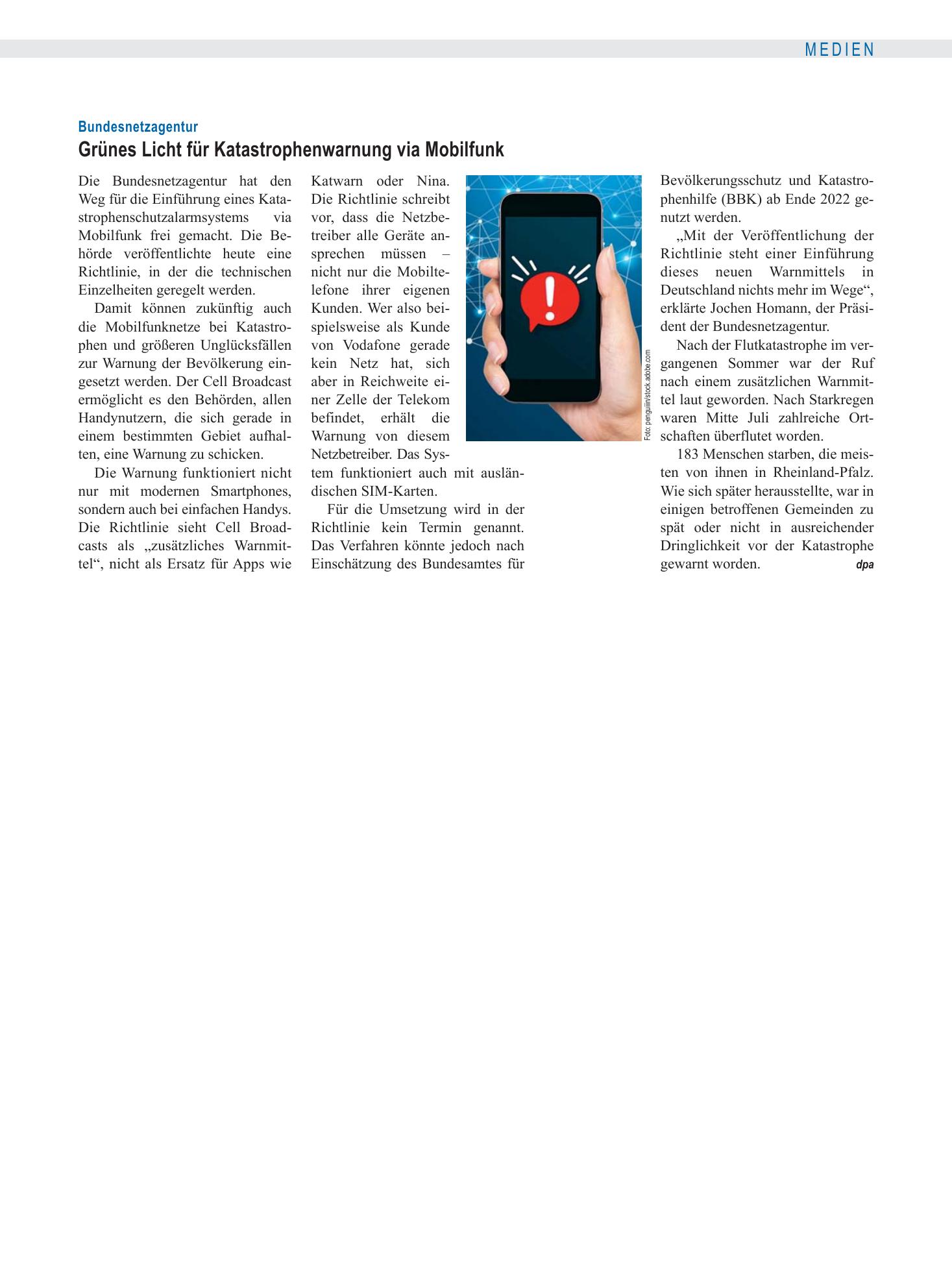 Vorschauseite 1: Bundesnetzagentur: Grünes Licht für Katastrophenwarnung via Mobilfunk – Deutsches Ärzteblatt