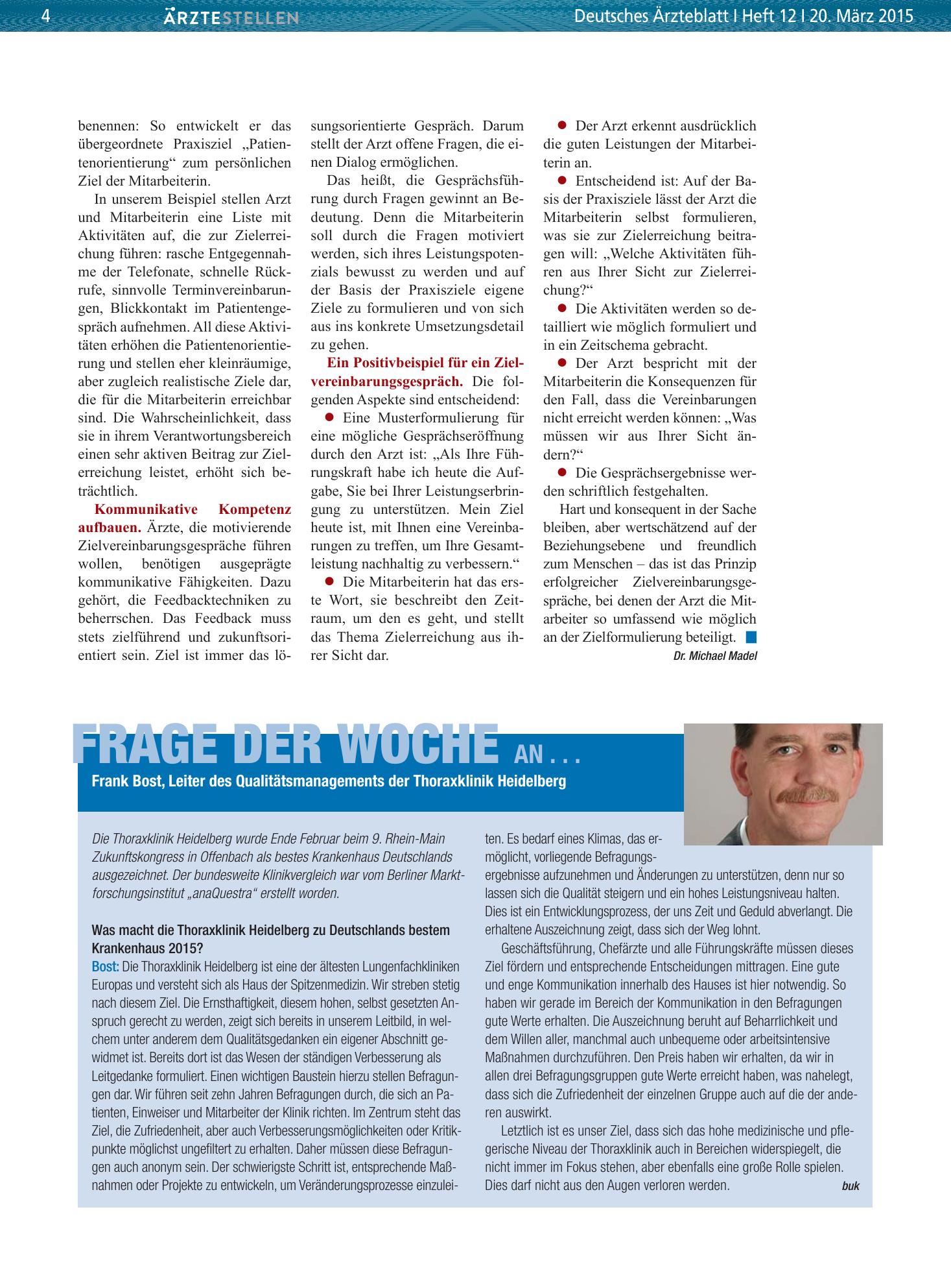 Vorschauseite 1: Frage der Woche an . . . Frank Bost, Leiter des Qualitätsmanagements der Thoraxklinik Heidelberg – Deutsches Ärzteblatt