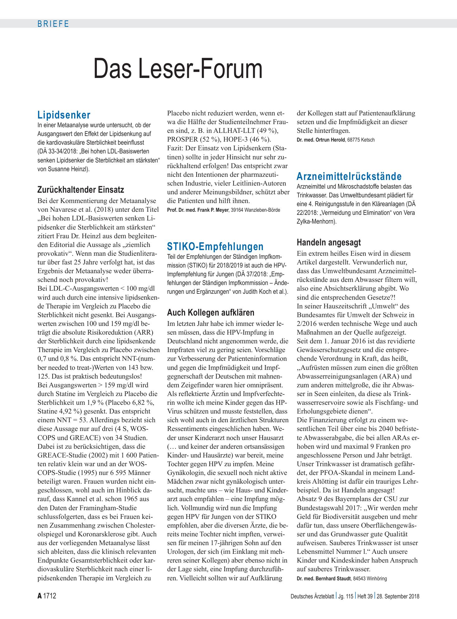 Vorschauseite 1: Lipidsenker: Zurückhaltender Einsatz – Deutsches Ärzteblatt