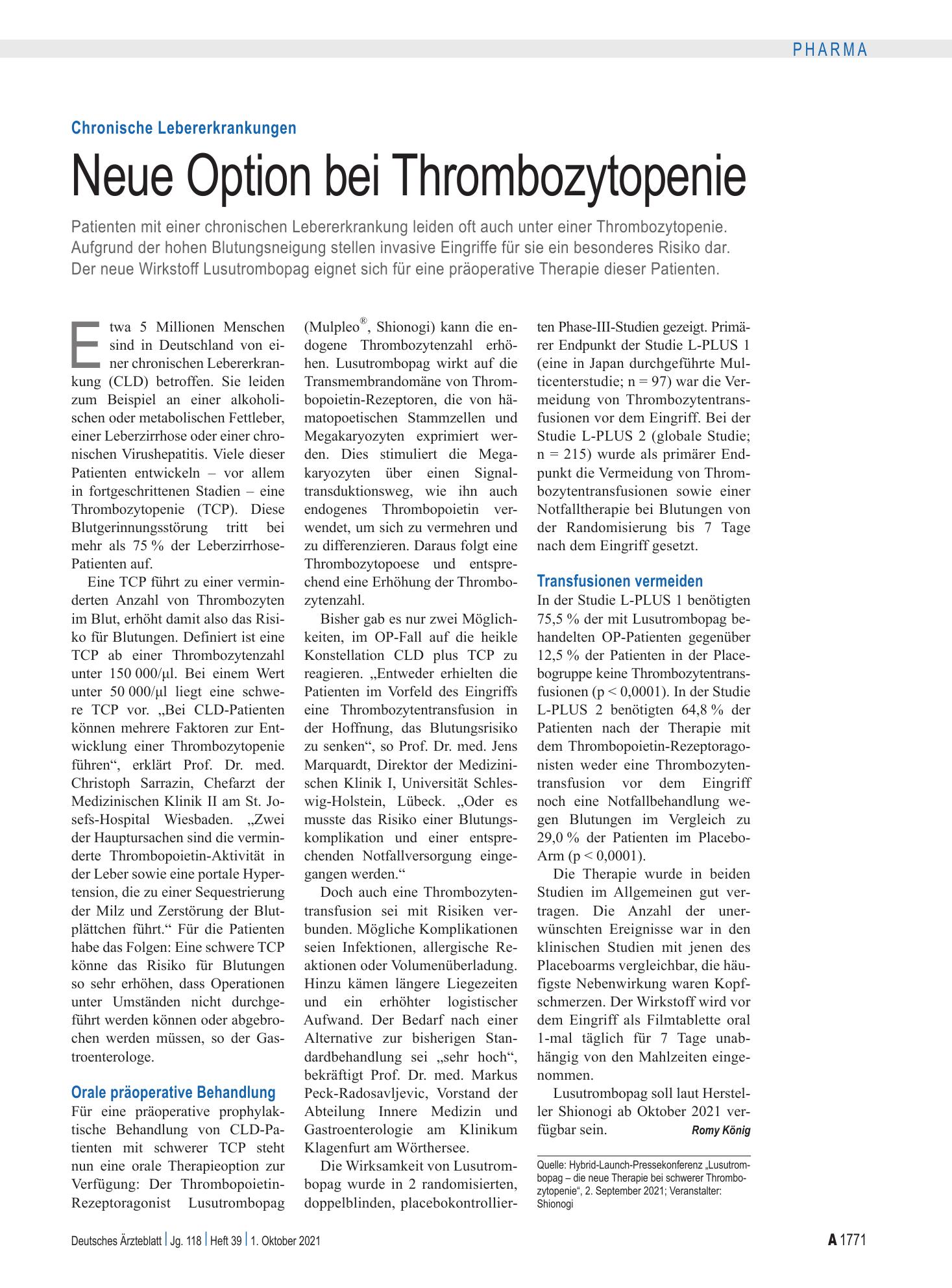 Vorschauseite 1: Chronische Lebererkrankungen: Neue Option bei Thrombozytopenie – Deutsches Ärzteblatt