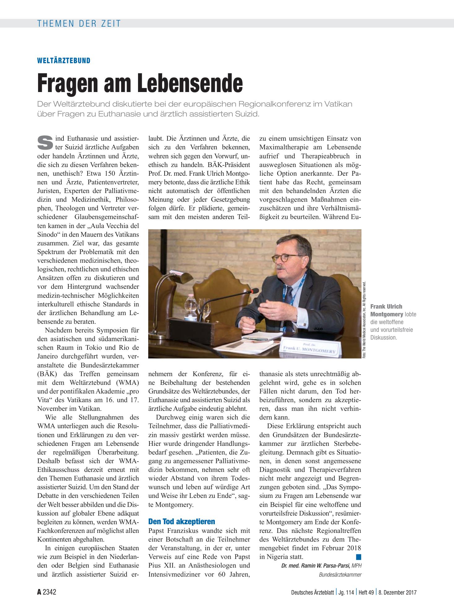 Vorschauseite 1: Weltärztebund: Fragen am Lebensende – Deutsches Ärzteblatt