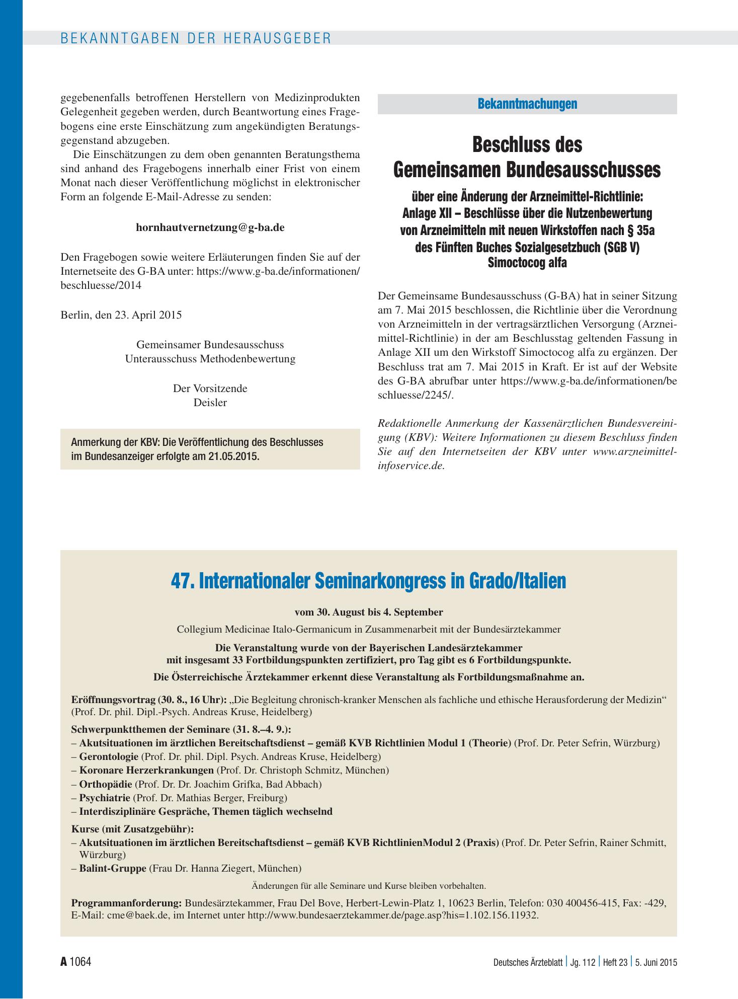 Vorschauseite 1: Beschluss des Gemeinsamen Bundesausschusses über eine Änderung der Arzneimittel-Richtlinie: Anlage XII – Beschlüsse über die Nutzenbewertung von Arzneimitteln mit neuen Wirkstoffe…
