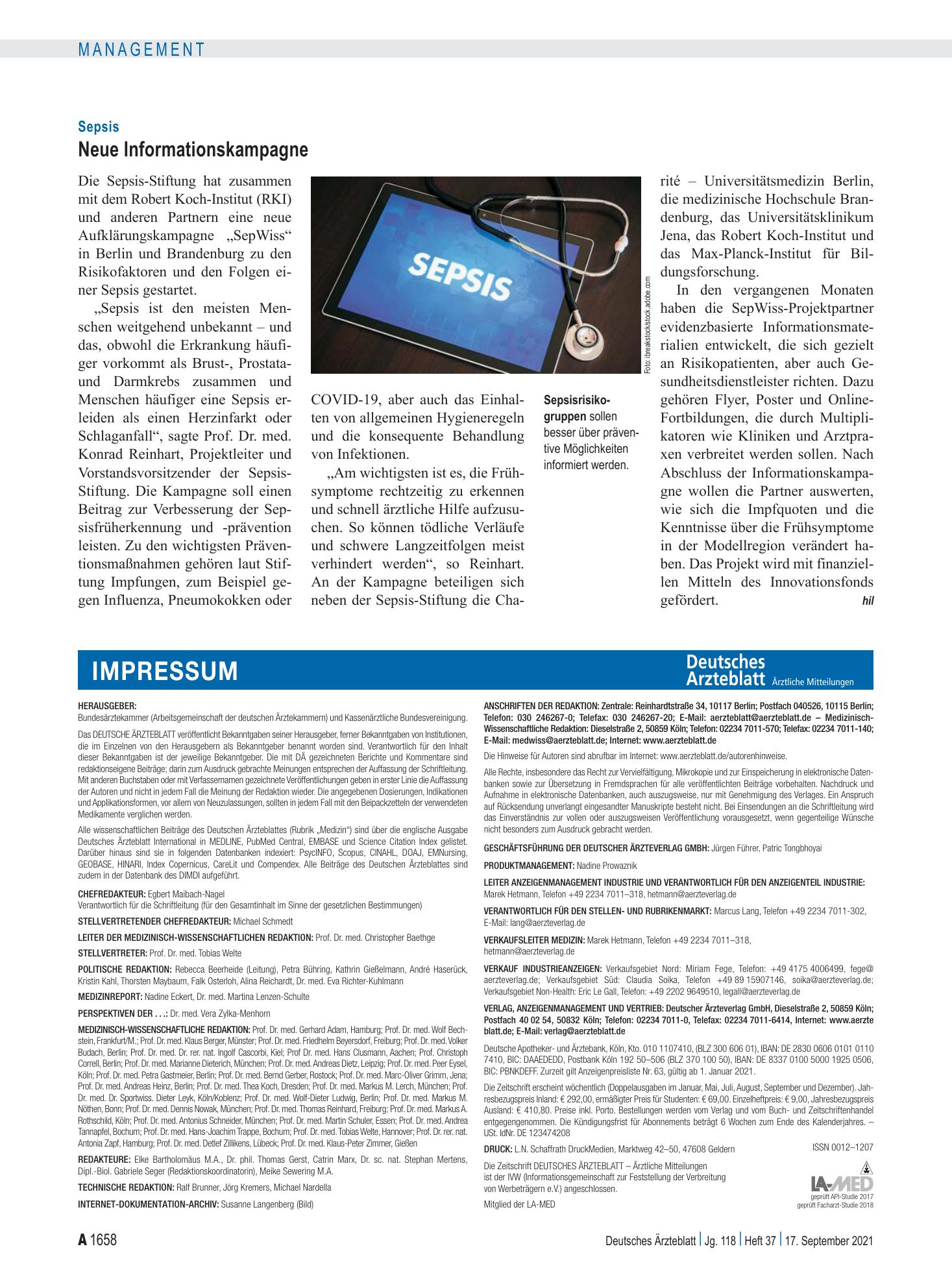 Vorschauseite 1: Sepsis: Neue Informationskampagne – Deutsches Ärzteblatt