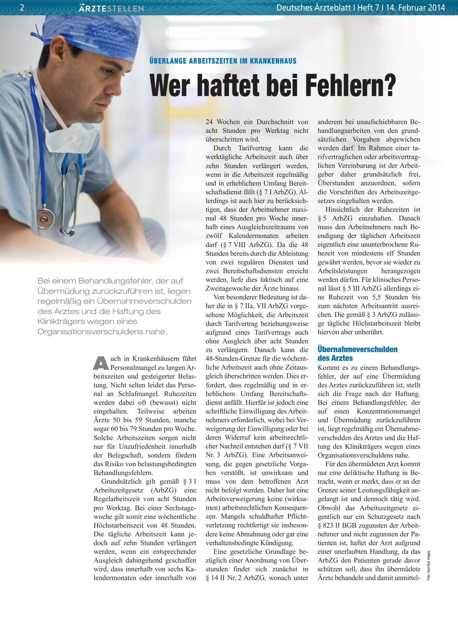 Vorschauseite 1: Überlange Arbeitszeiten im Krankenhaus: Wer haftet bei Fehlern? – Deutsches Ärzteblatt
