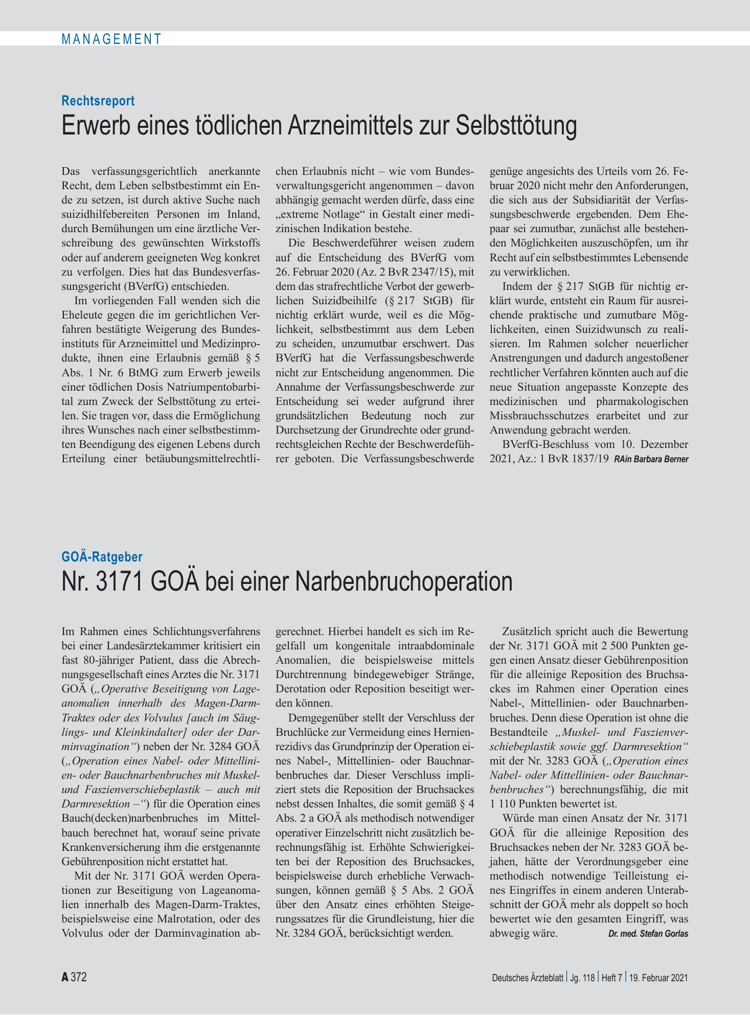 Vorschauseite 1: GOÄ-Ratgeber: Nr. 3171 GOÄ bei einer Narbenbruchoperation – Deutsches Ärzteblatt