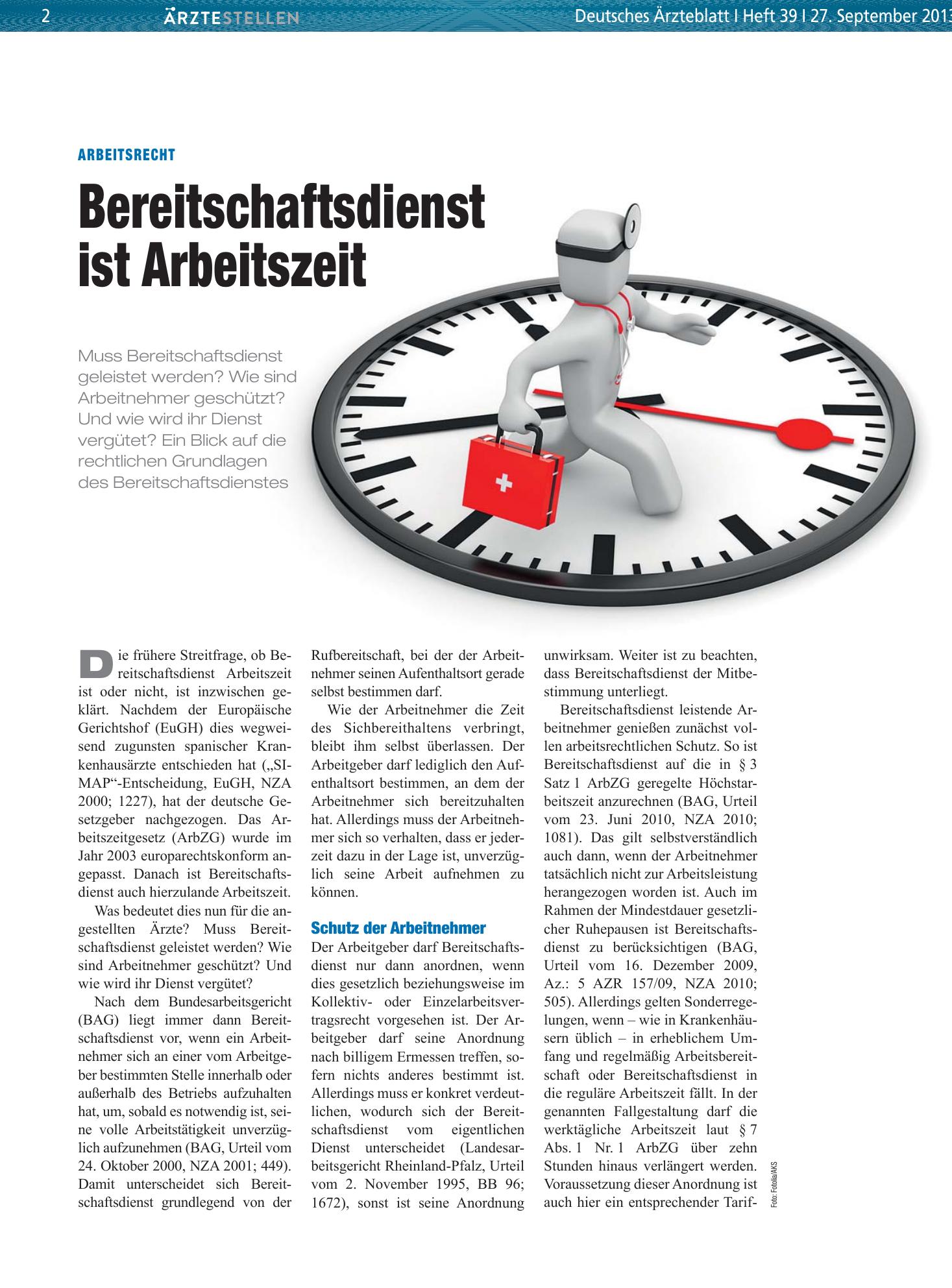 Vorschauseite 1: Arbeitsrecht: Bereitschaftsdienst ist Arbeitszeit – Deutsches Ärzteblatt