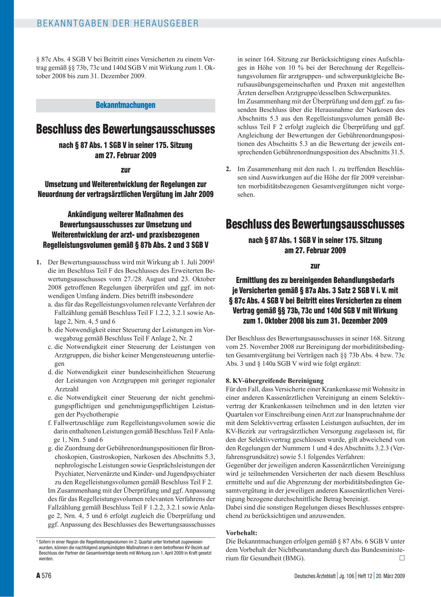 Vorschauseite 1: Bekanntmachungen: Beschluss des Bewertungsausschusses – Deutsches Ärzteblatt