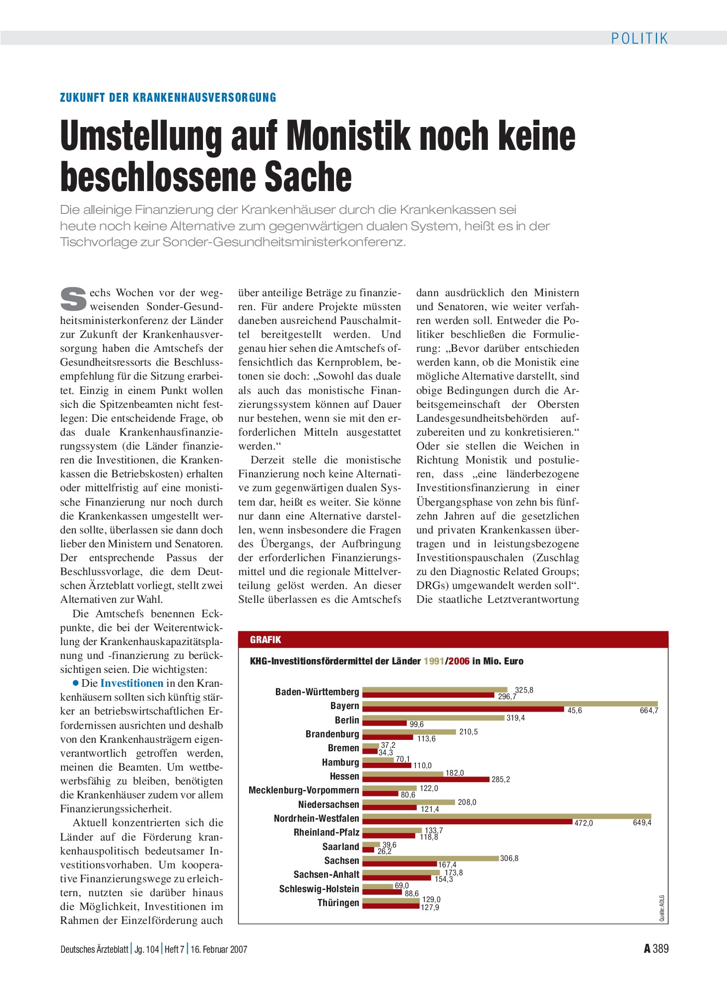 Vorschauseite 1: Zukunft der Krankenhausversorgung: Umstellung auf Monistik noch keine beschlossene Sache – Deutsches Ärzteblatt
