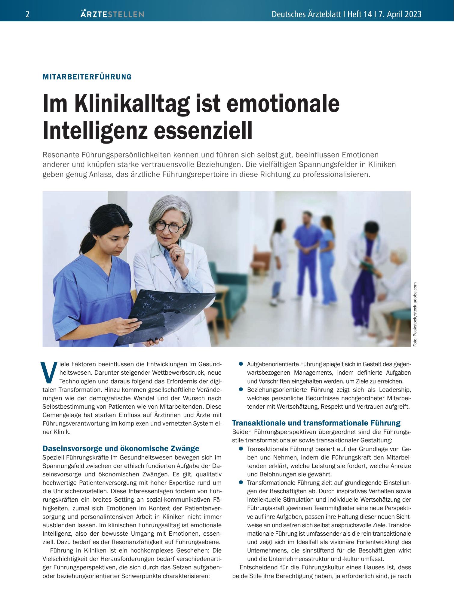 Vorschauseite 1: Mitarbeiterführung: Im Klinikalltag ist emotionale Intelligenz essenziell – Deutsches Ärzteblatt
