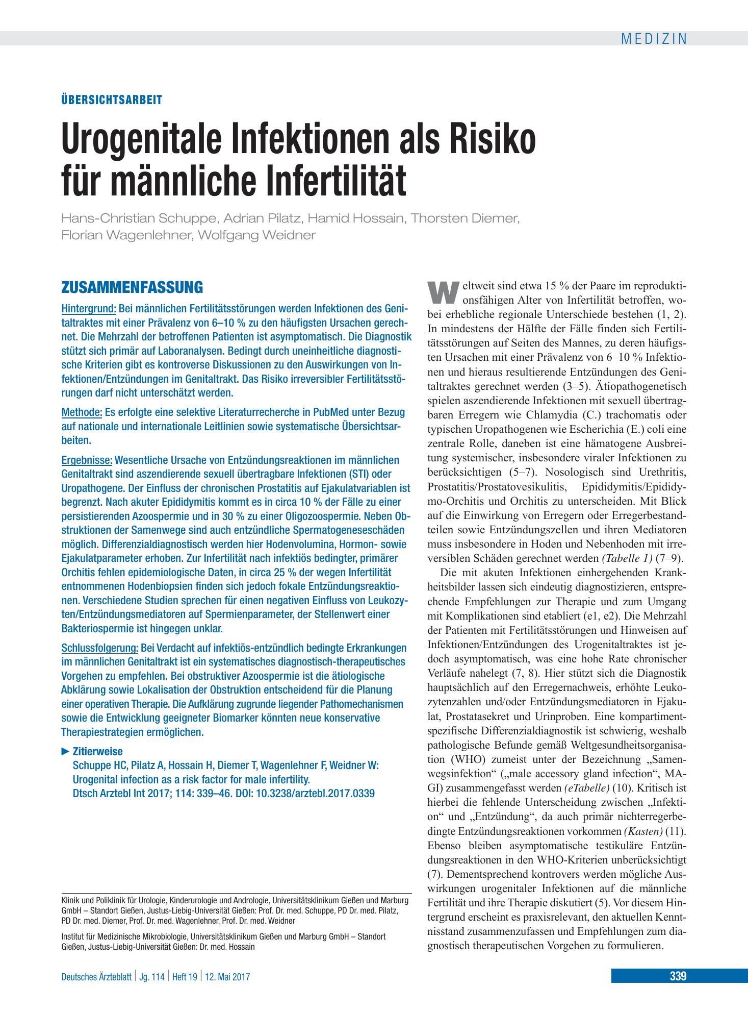 Vorschauseite 1: Urogenitale Infektionen als Risiko für männliche Infertilität – Deutsches Ärzteblatt