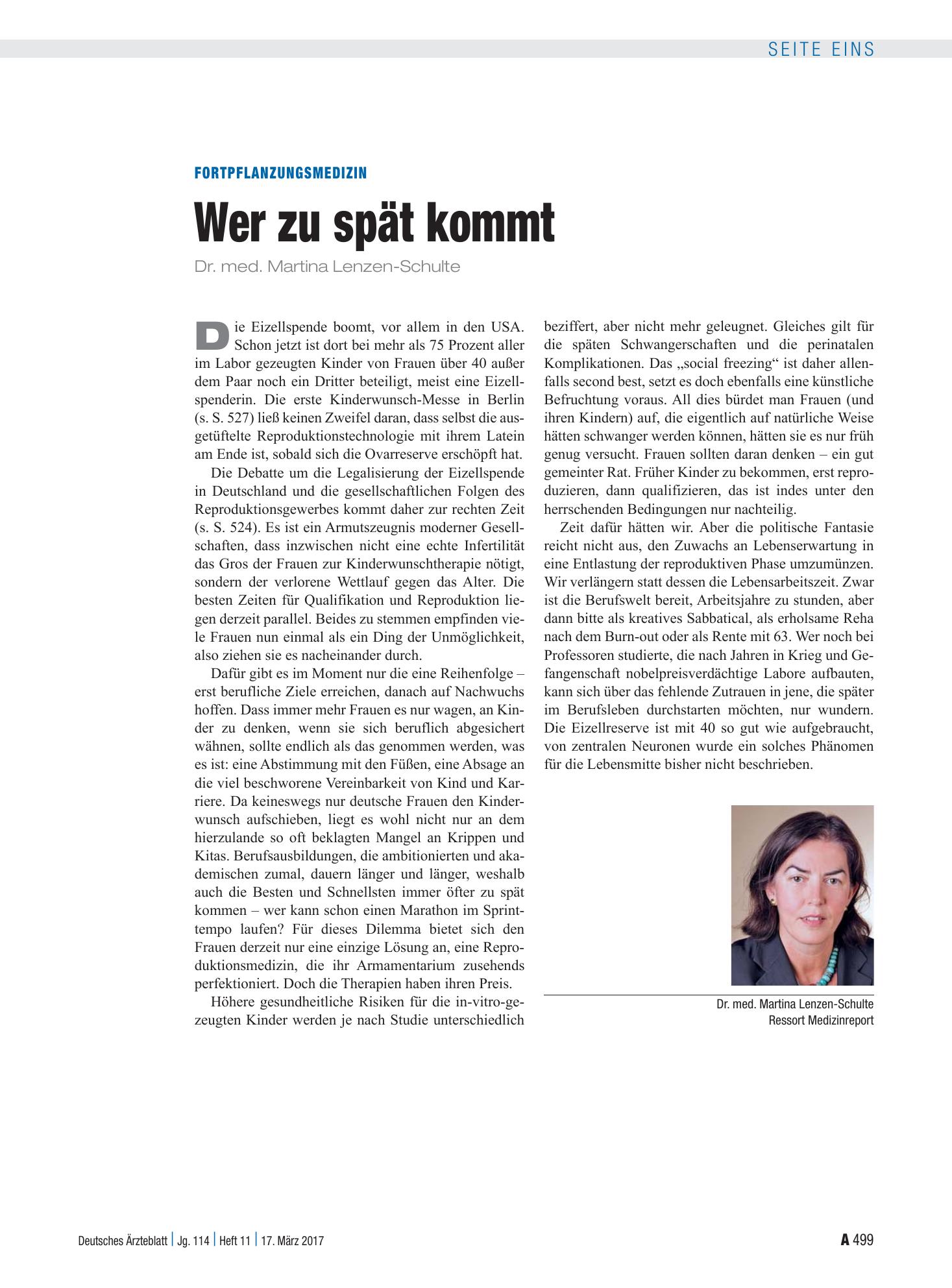 Vorschauseite 1: Fortpflanzungsmedizin: Wer zu spät kommt – Deutsches Ärzteblatt