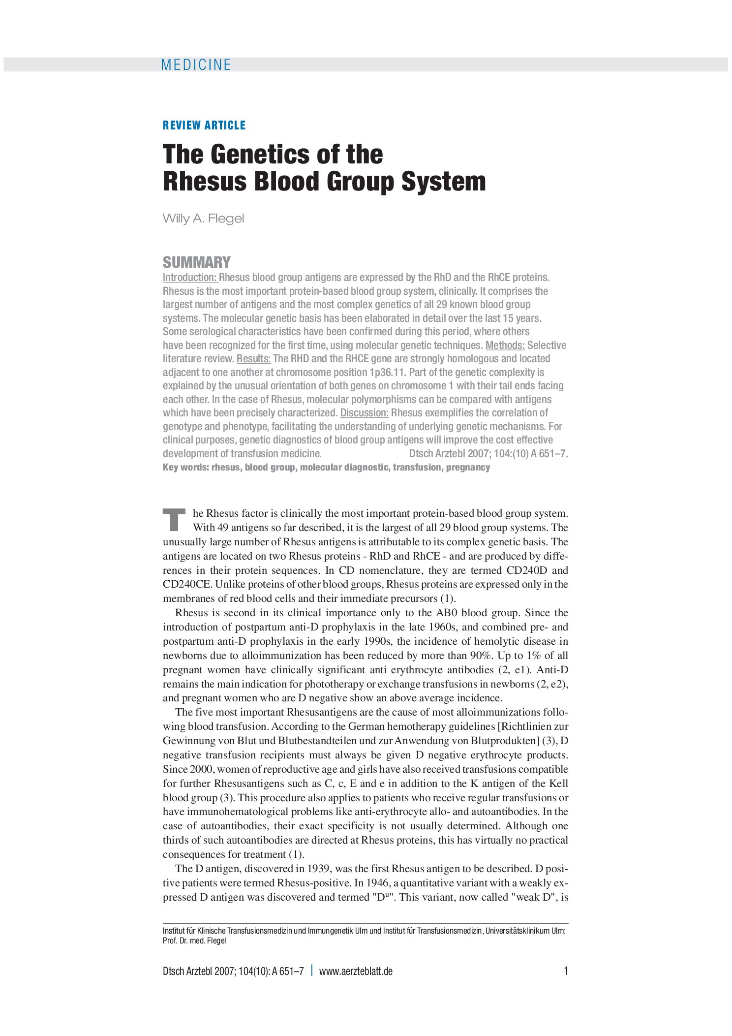 Vorschauseite 1: Genetik des Rhesus-Blutgruppensystems – Deutsches Ärzteblatt