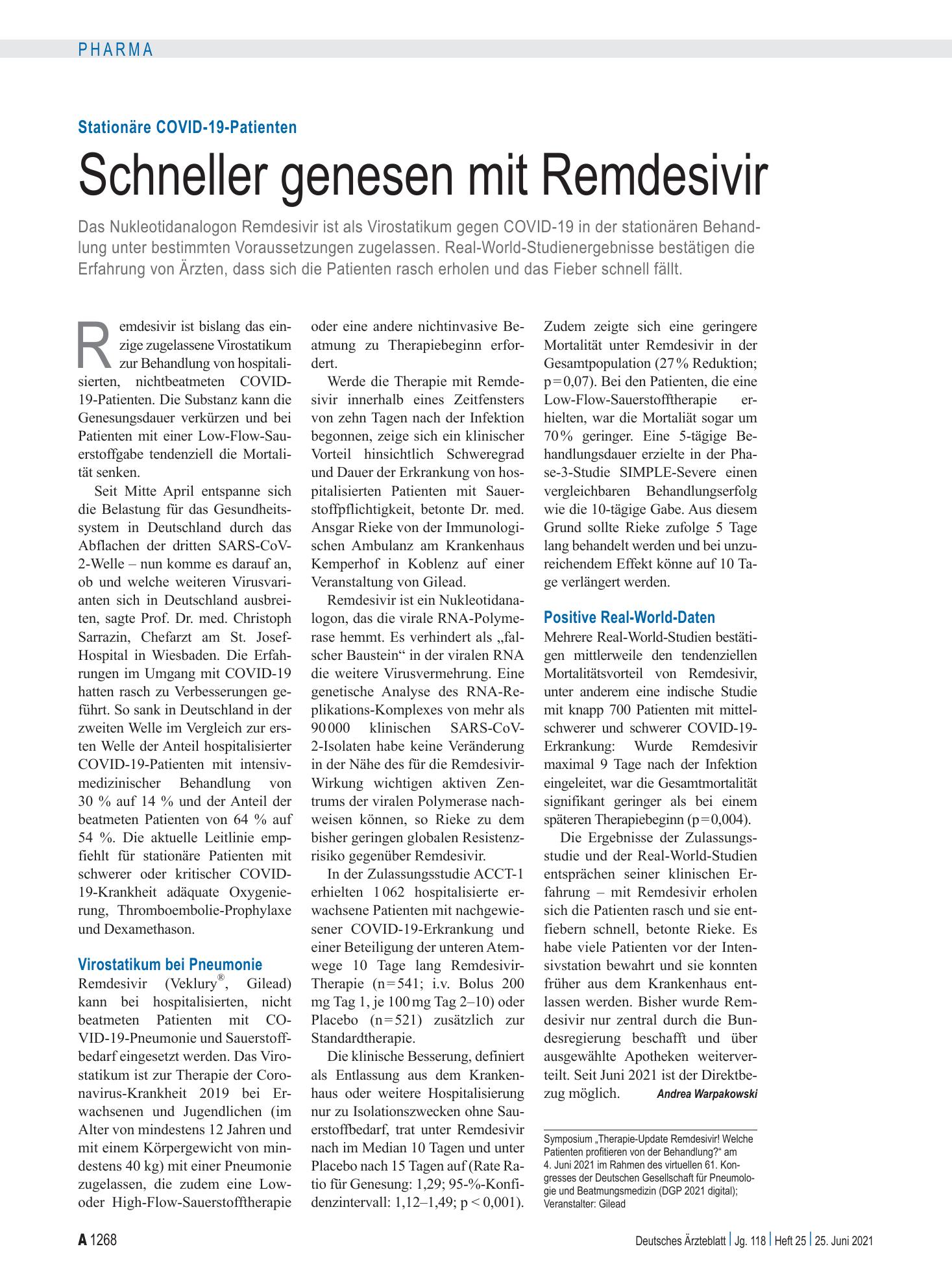 Vorschauseite 1: Stationäre COVID-19-Patienten: Schneller genesen mit Remdesivir – Deutsches Ärzteblatt