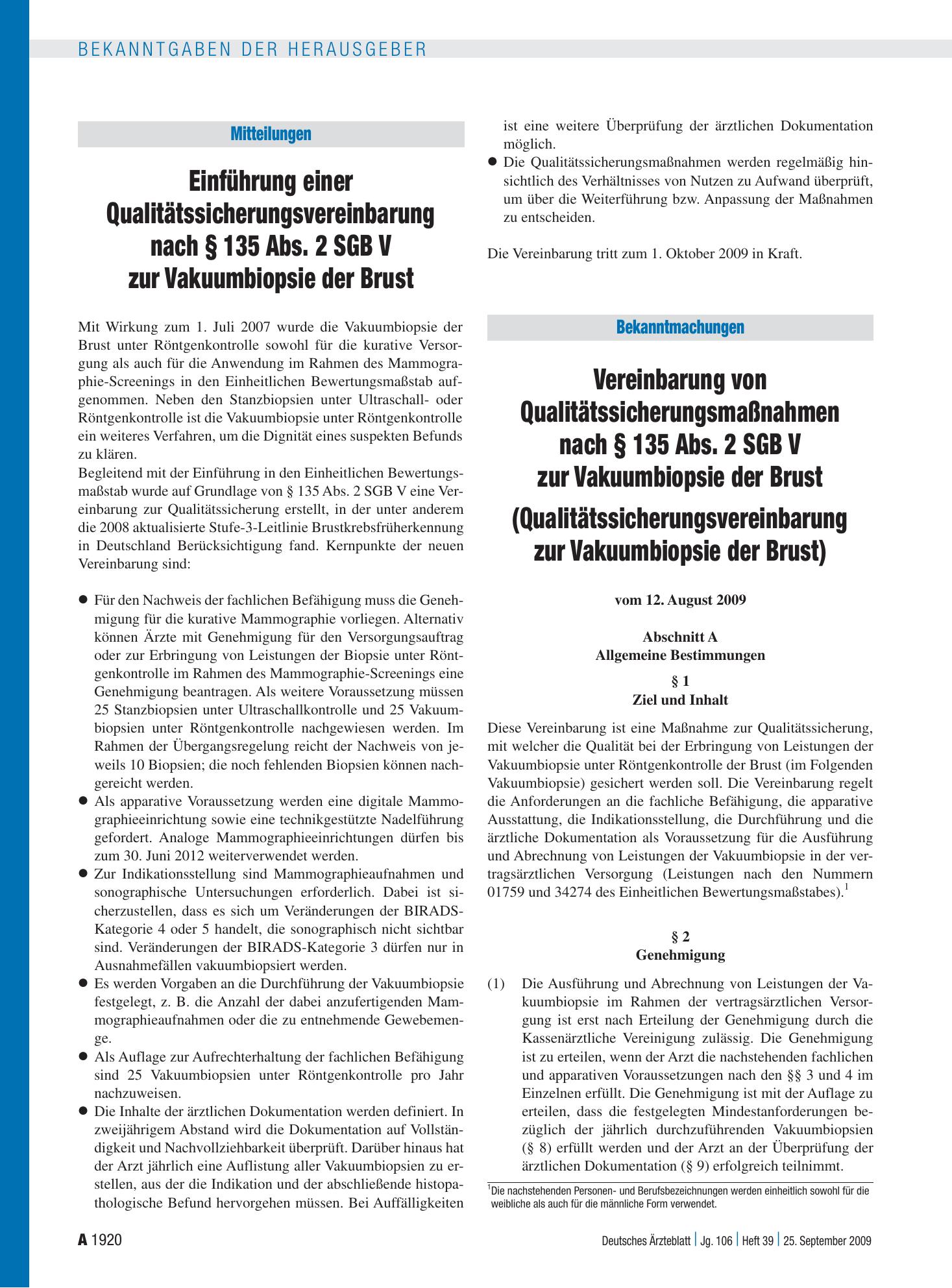 Vorschauseite 1: Mitteilungen: Einführung einer Qualitätssicherungsvereinbarung nach § 135 Abs. 2 SGB V zur Vakuumbiopsie der Brust – Deutsches Ärzteblatt