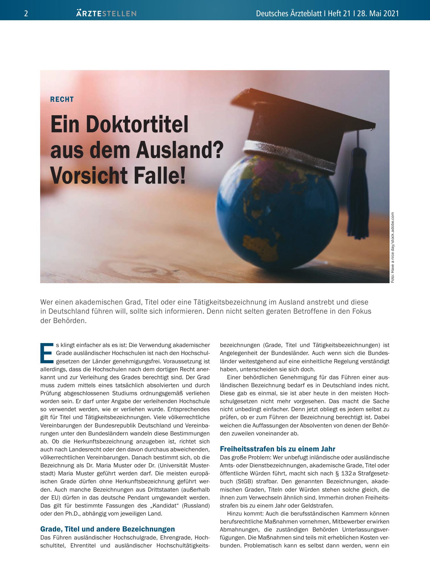 Vorschauseite 1: Recht: Ein Doktortitel aus dem Ausland? Vorsicht Falle! – Deutsches Ärzteblatt