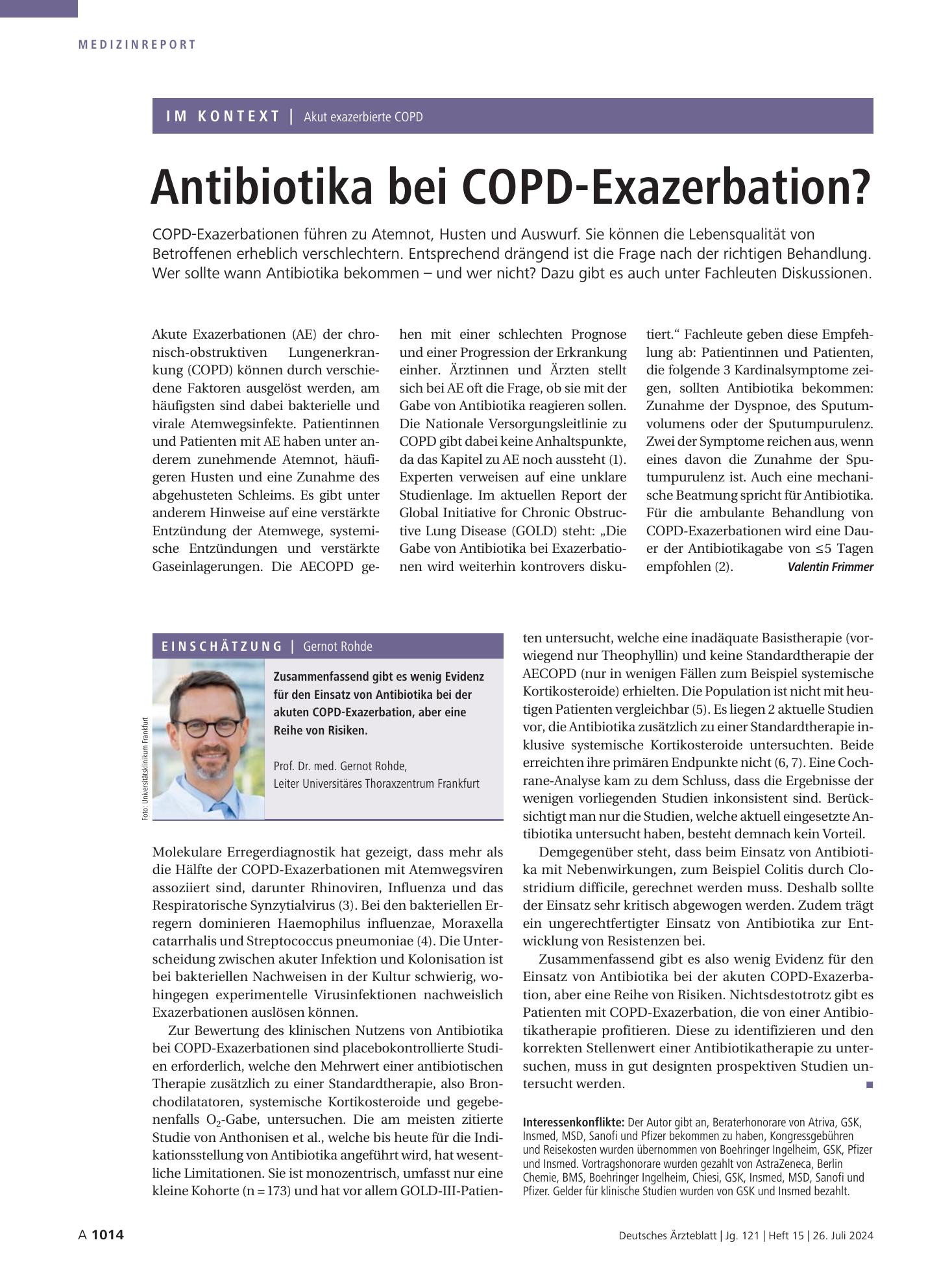 Vorschauseite 1: Im Kontext: Akut exazerbierte COPD — Antibiotika bei COPD-Exazerbation? – Deutsches Ärzteblatt