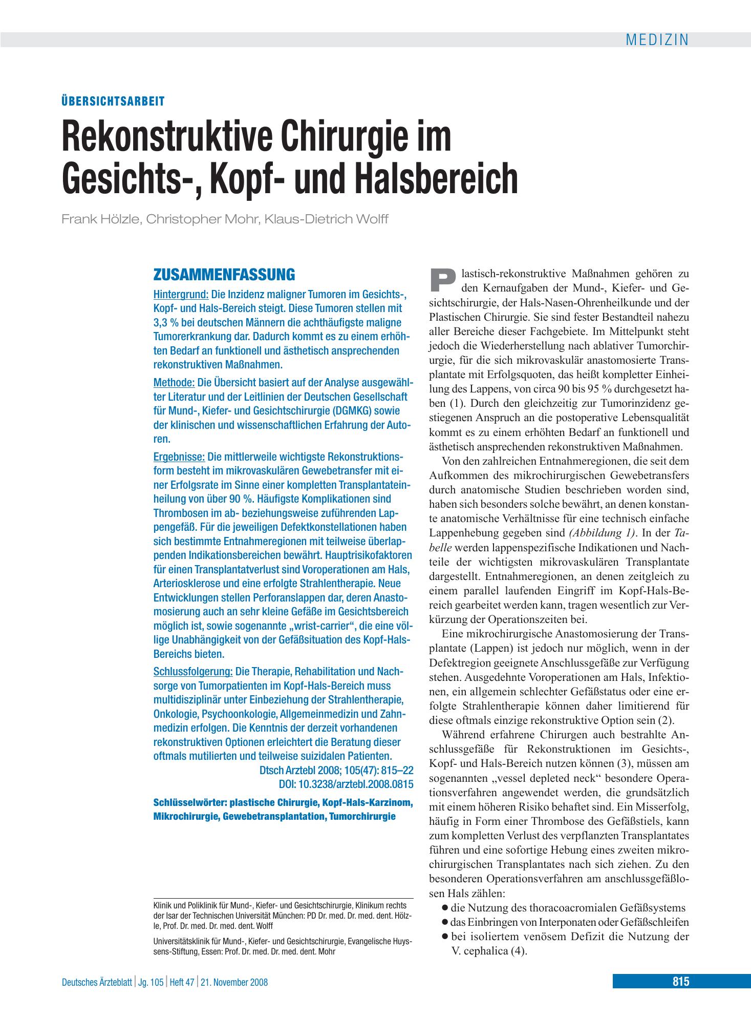 Vorschauseite 1: Rekonstruktive Chirurgie im Gesichts-, Kopf- und Halsbereich – Deutsches Ärzteblatt