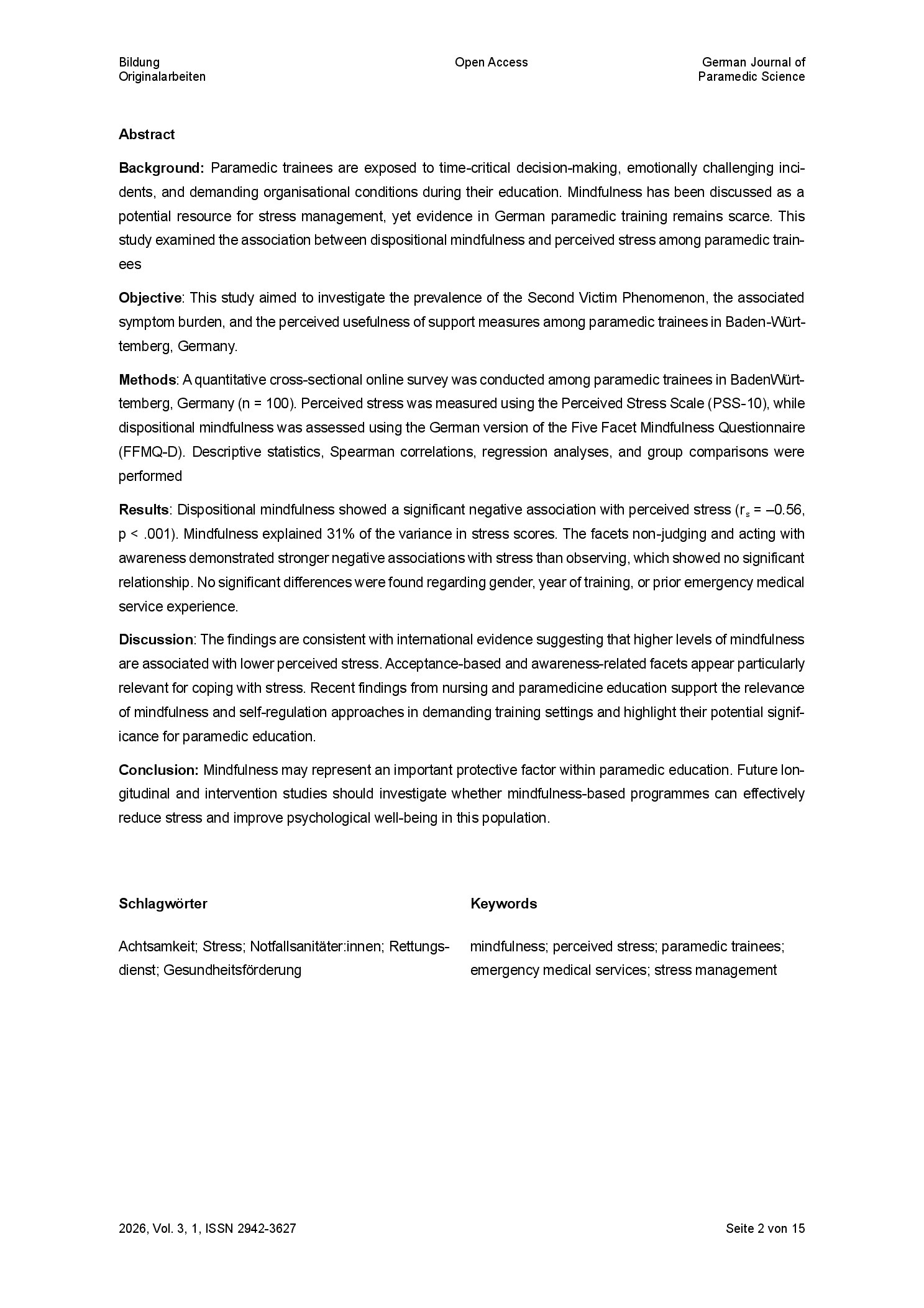 Vorschauseite 2: Dispositionale Achtsamkeit und wahrgenommener Stress bei Auszubildenden zum/zur Notfallsanitäter: in: Ergebnisse einer Querschnittsstudie