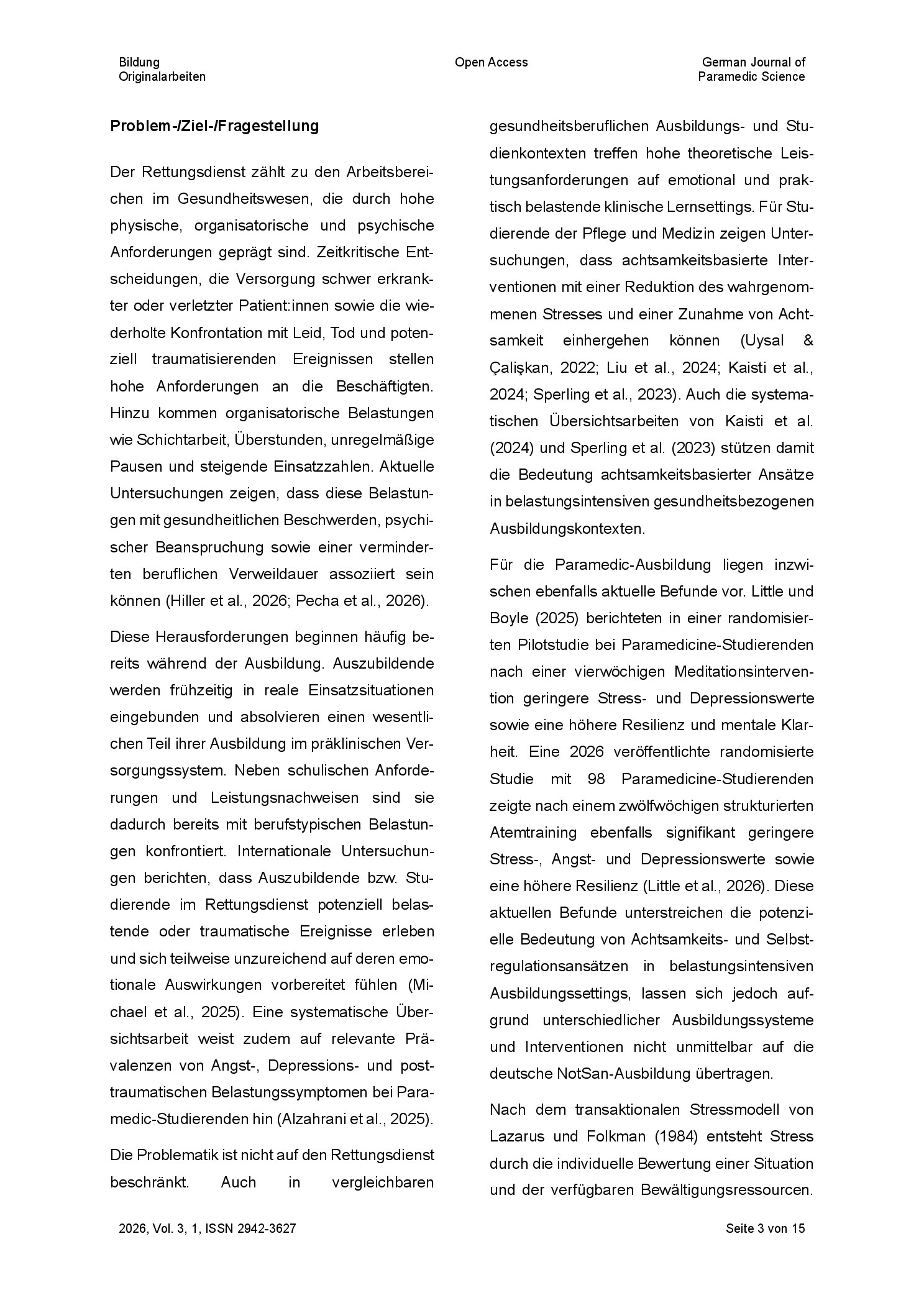Vorschauseite 3: Dispositionale Achtsamkeit und wahrgenommener Stress bei Auszubildenden zum/zur Notfallsanitäter: in: Ergebnisse einer Querschnittsstudie