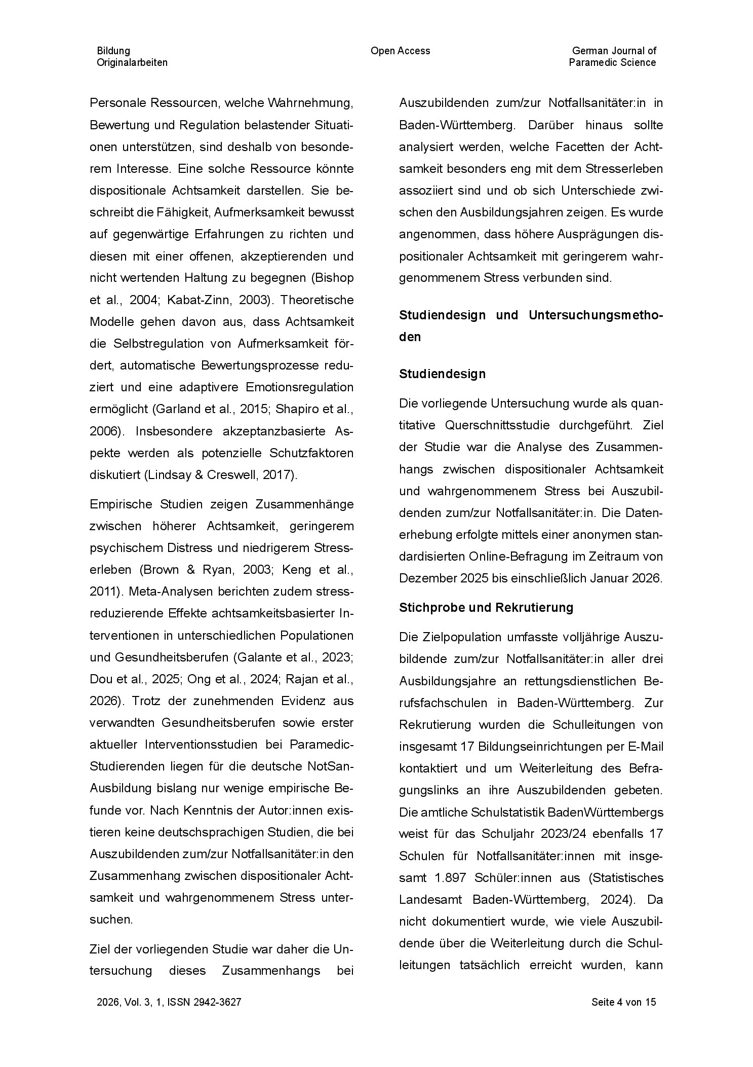 Vorschauseite 4: Dispositionale Achtsamkeit und wahrgenommener Stress bei Auszubildenden zum/zur Notfallsanitäter: in: Ergebnisse einer Querschnittsstudie