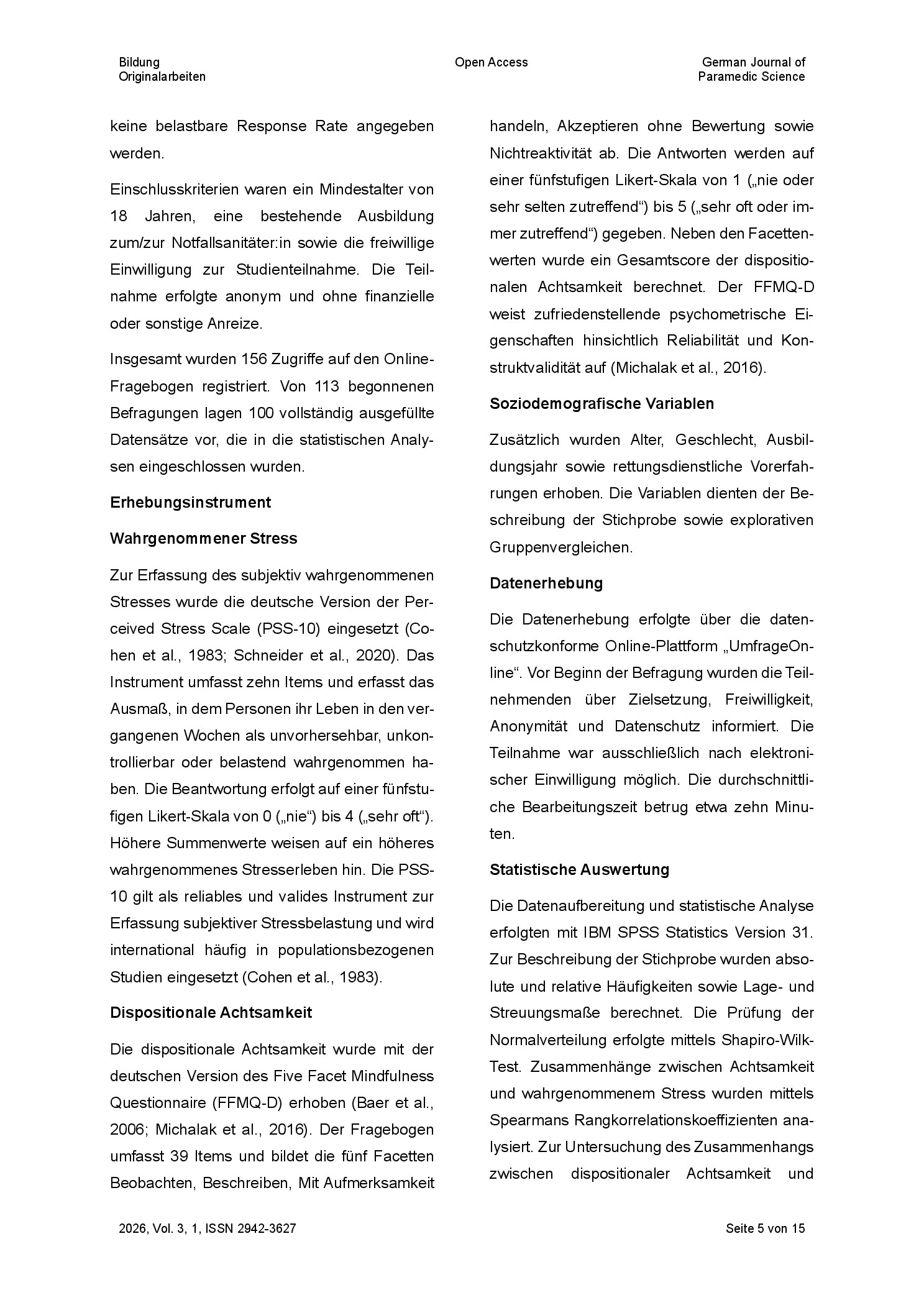 Vorschauseite 5: Dispositionale Achtsamkeit und wahrgenommener Stress bei Auszubildenden zum/zur Notfallsanitäter: in: Ergebnisse einer Querschnittsstudie