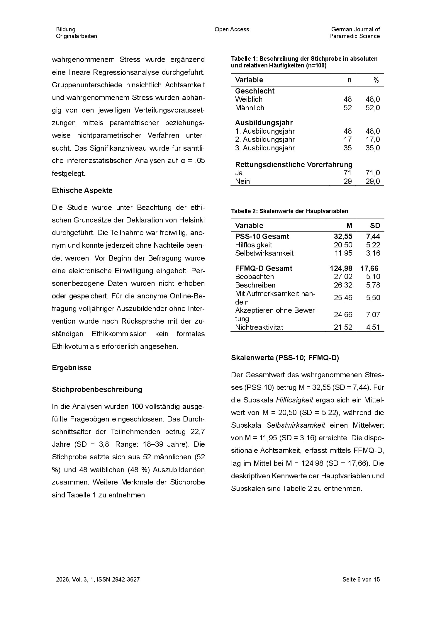 Vorschauseite 6: Dispositionale Achtsamkeit und wahrgenommener Stress bei Auszubildenden zum/zur Notfallsanitäter: in: Ergebnisse einer Querschnittsstudie