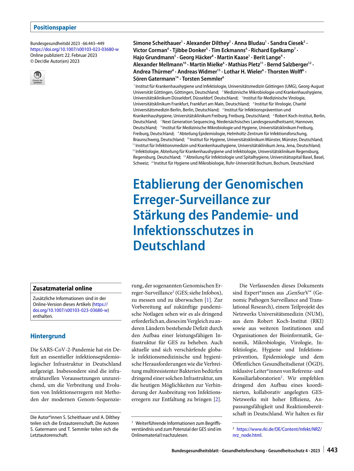 Vorschauseite 1: Etablierung der Genomischen Erreger-Surveillance zur Stärkung des Pandemie- und Infektionsschutzes in Deutschland
